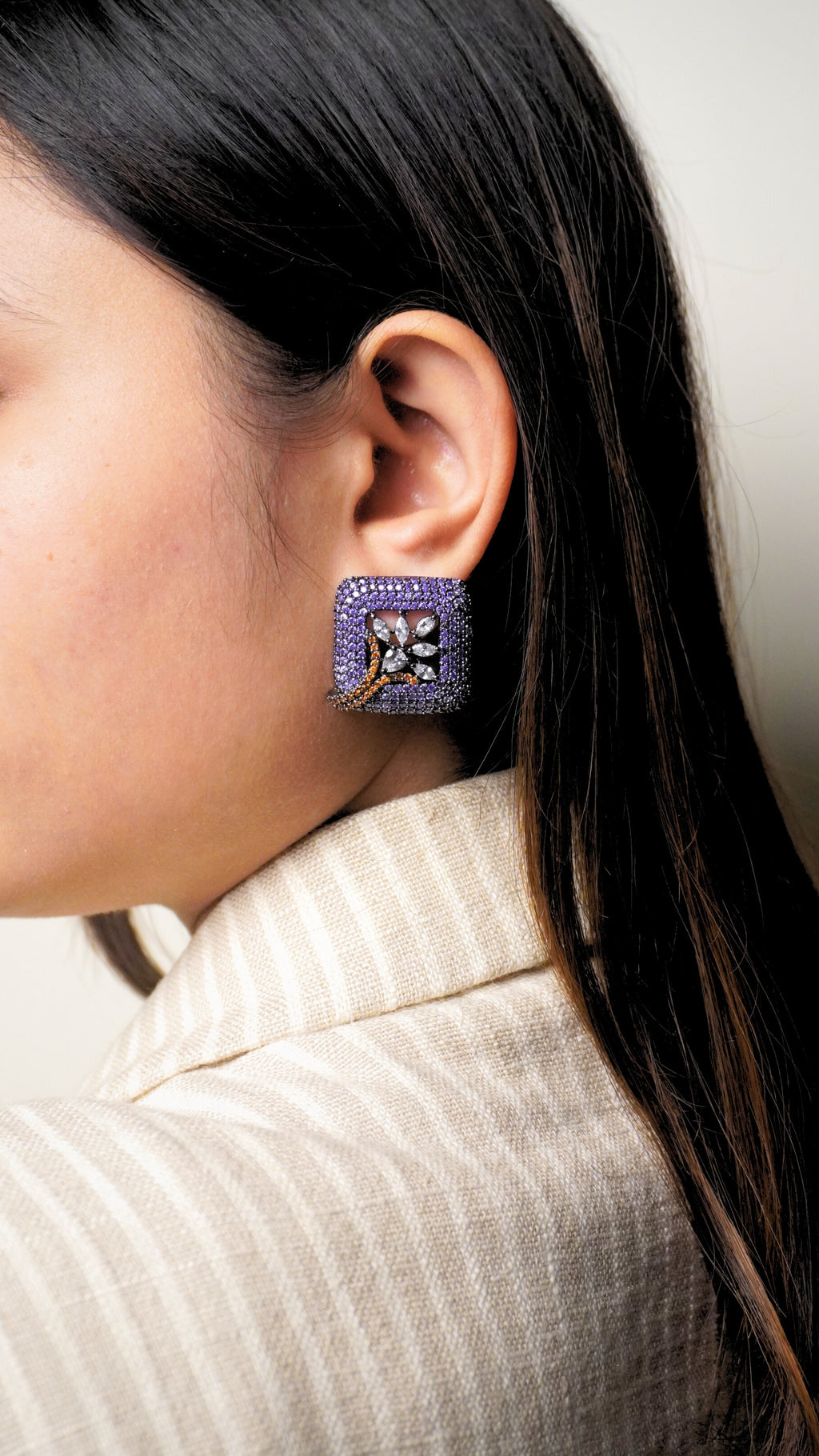LILAC SQUARE STUDS WITH ORANGE FLORAL MOTIF