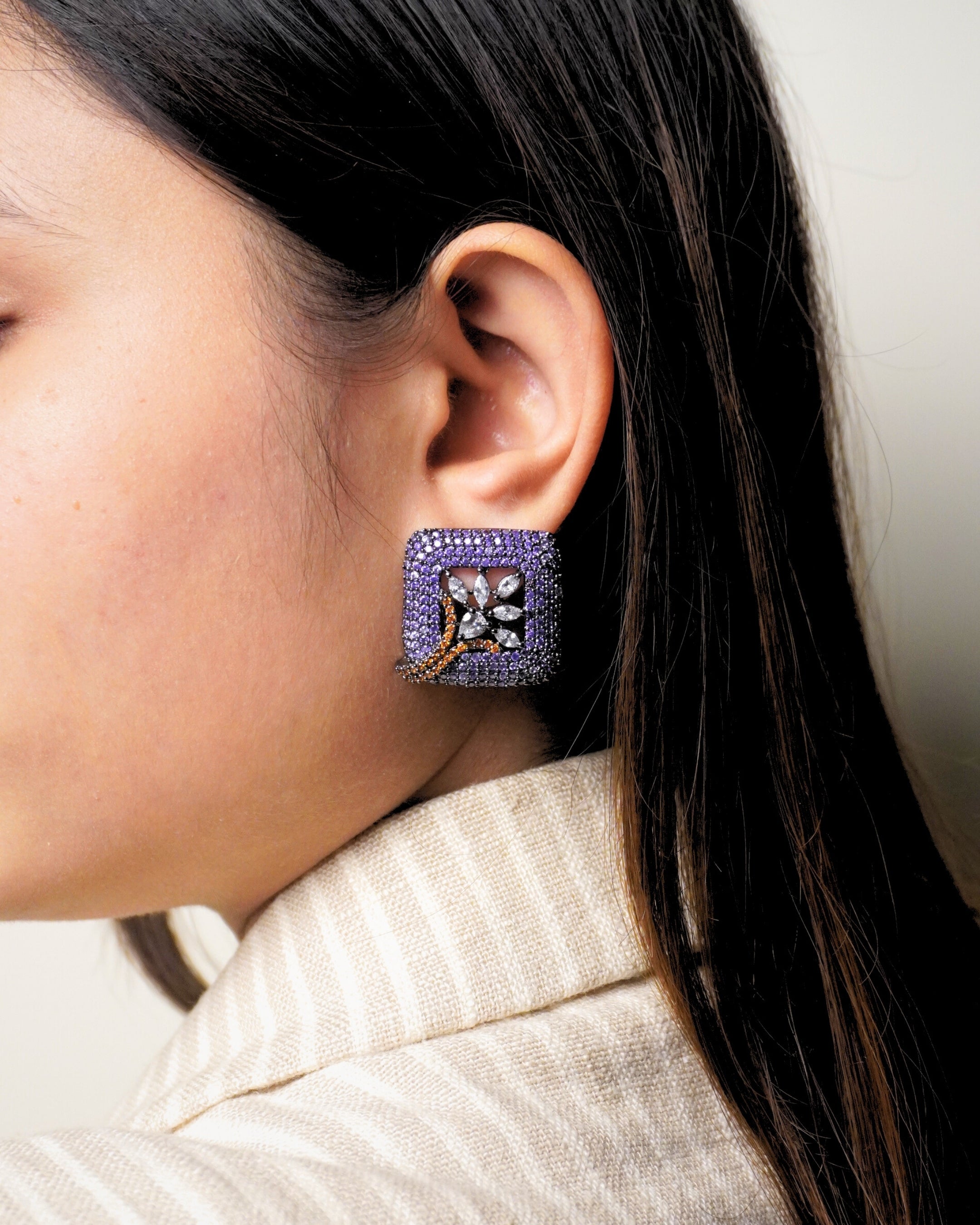 LILAC SQUARE STUDS WITH ORANGE FLORAL MOTIF