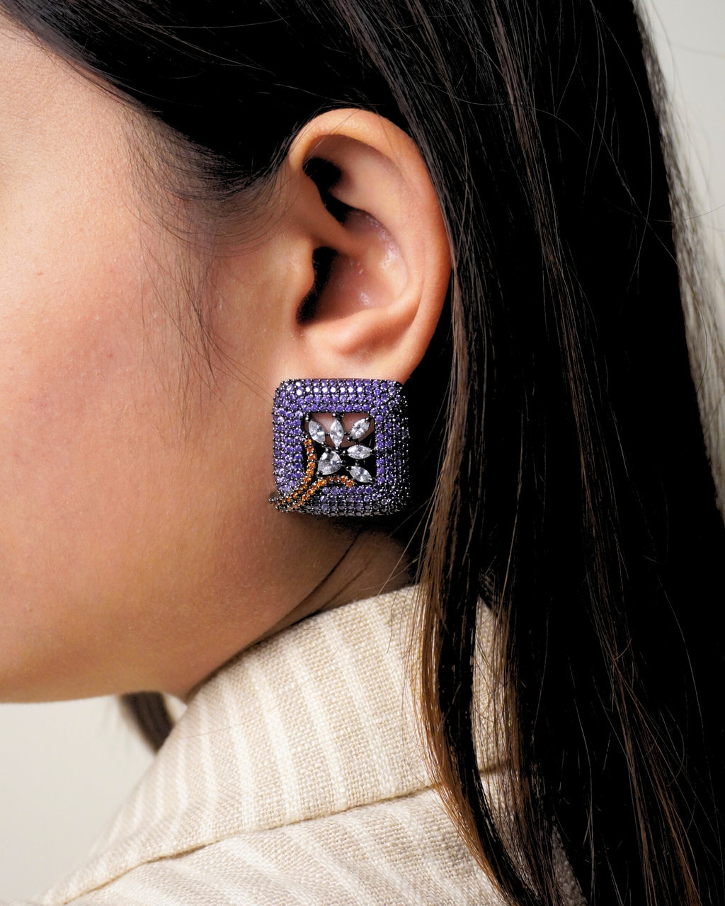 LILAC SQUARE STUDS WITH ORANGE FLORAL MOTIF