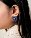 LILAC SQUARE STUDS WITH ORANGE FLORAL MOTIF
