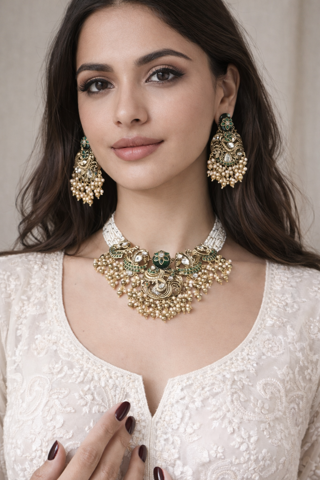 GREEN STONE GOLD PLATED KUNDAN NECKPIECE SET WITH EARRINGS