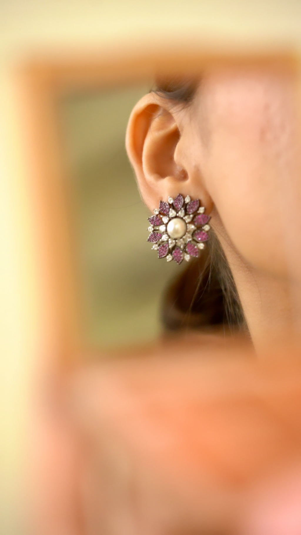 PURPLE STONE FLORAL PEARL STUDS