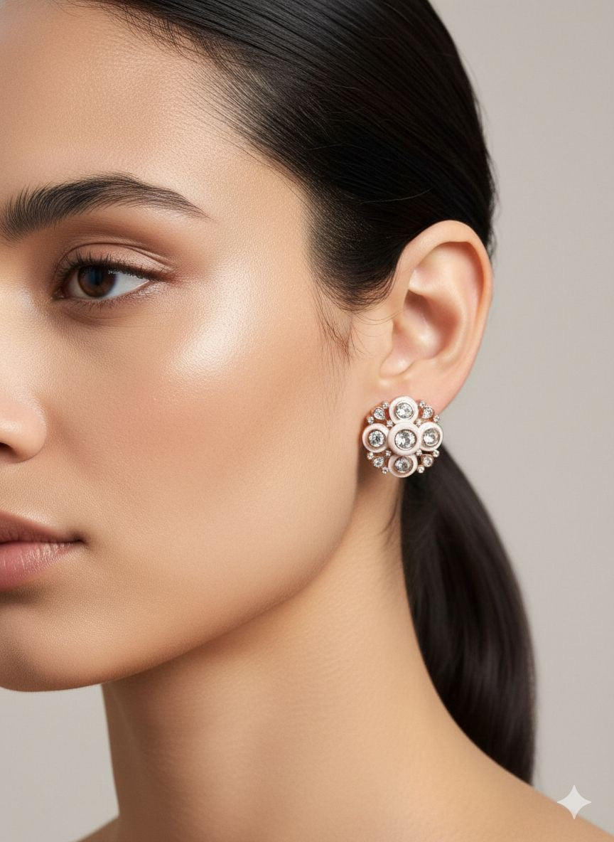 ROSE GOLD TONED FLORAL STUDS WITH BEZEL SET STONES