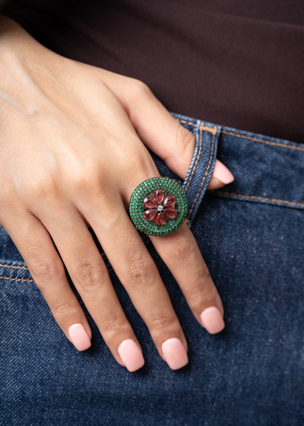 GREEN & RED FLOWER RING