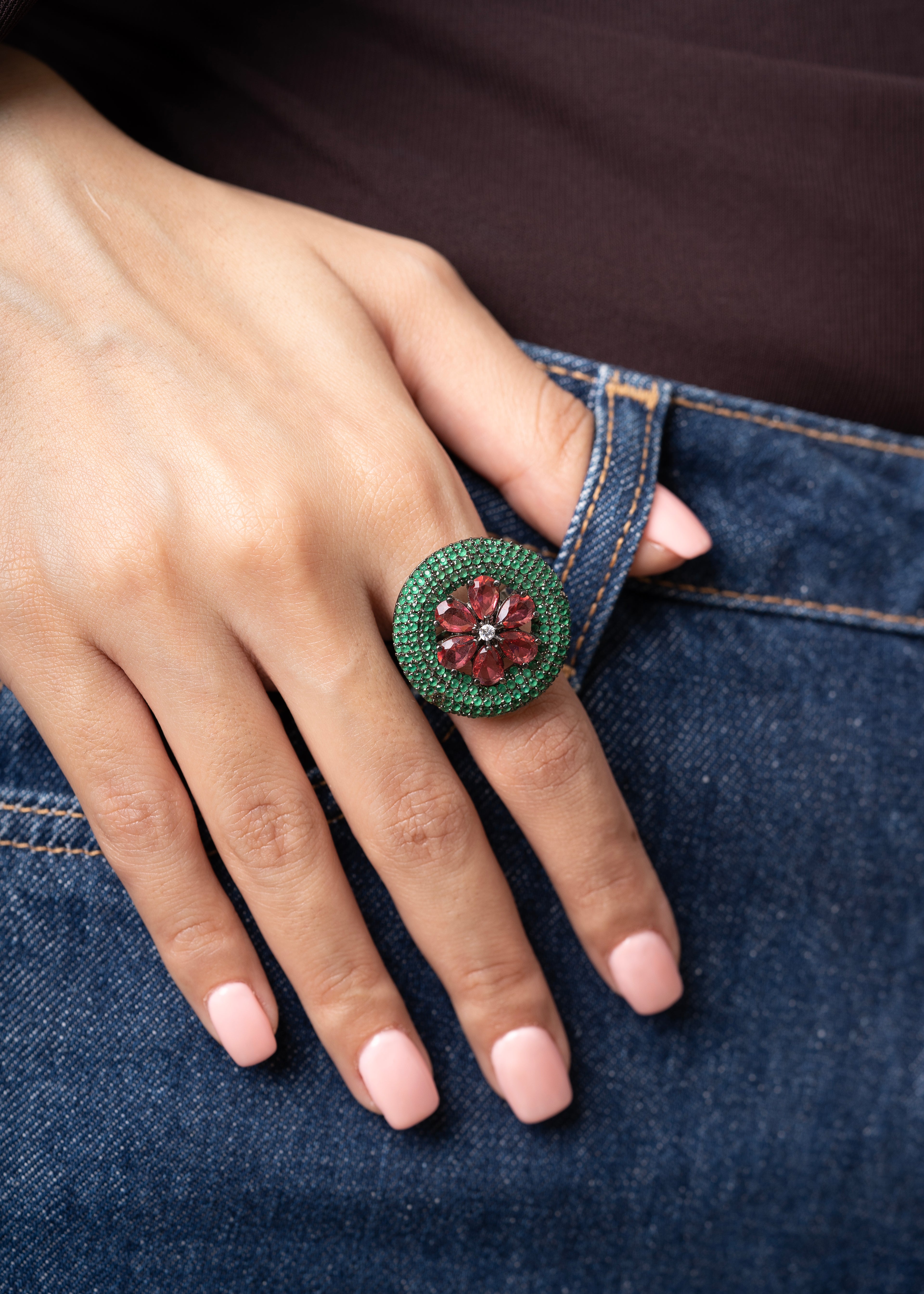 GREEN & RED FLOWER RING