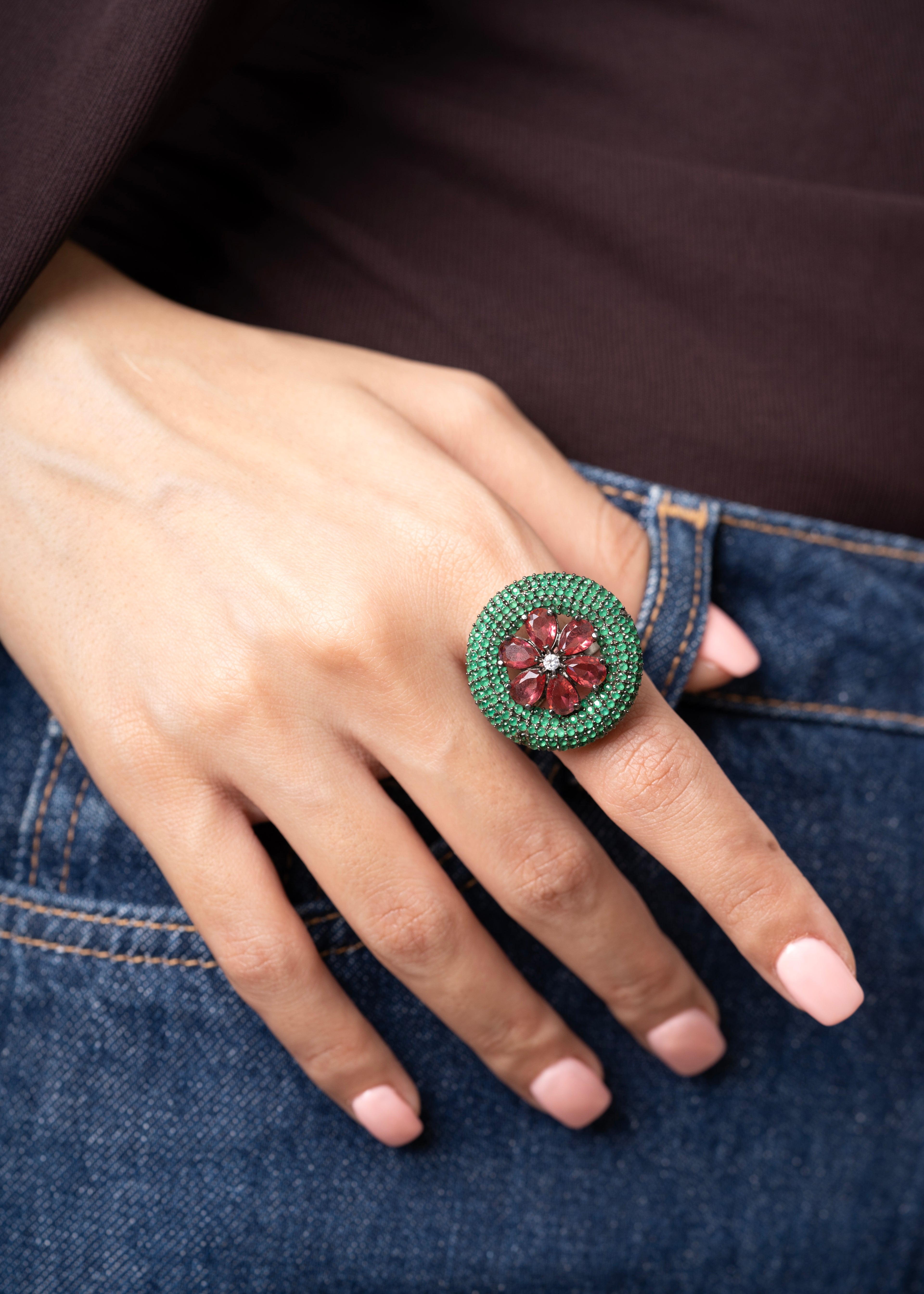 GREEN & RED FLOWER RING
