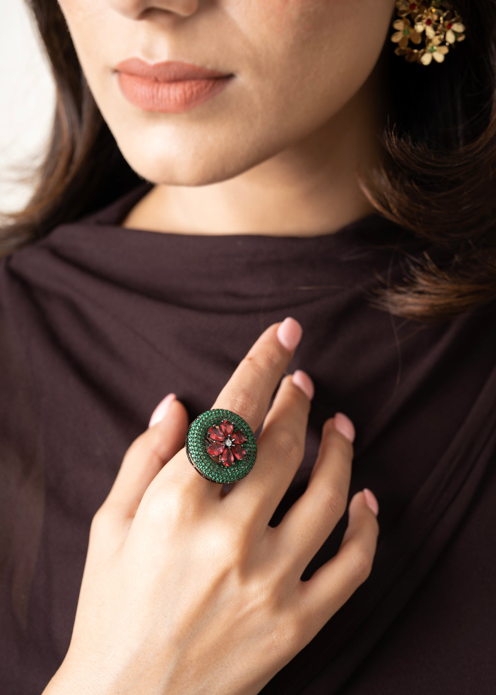 GREEN & RED FLOWER RING