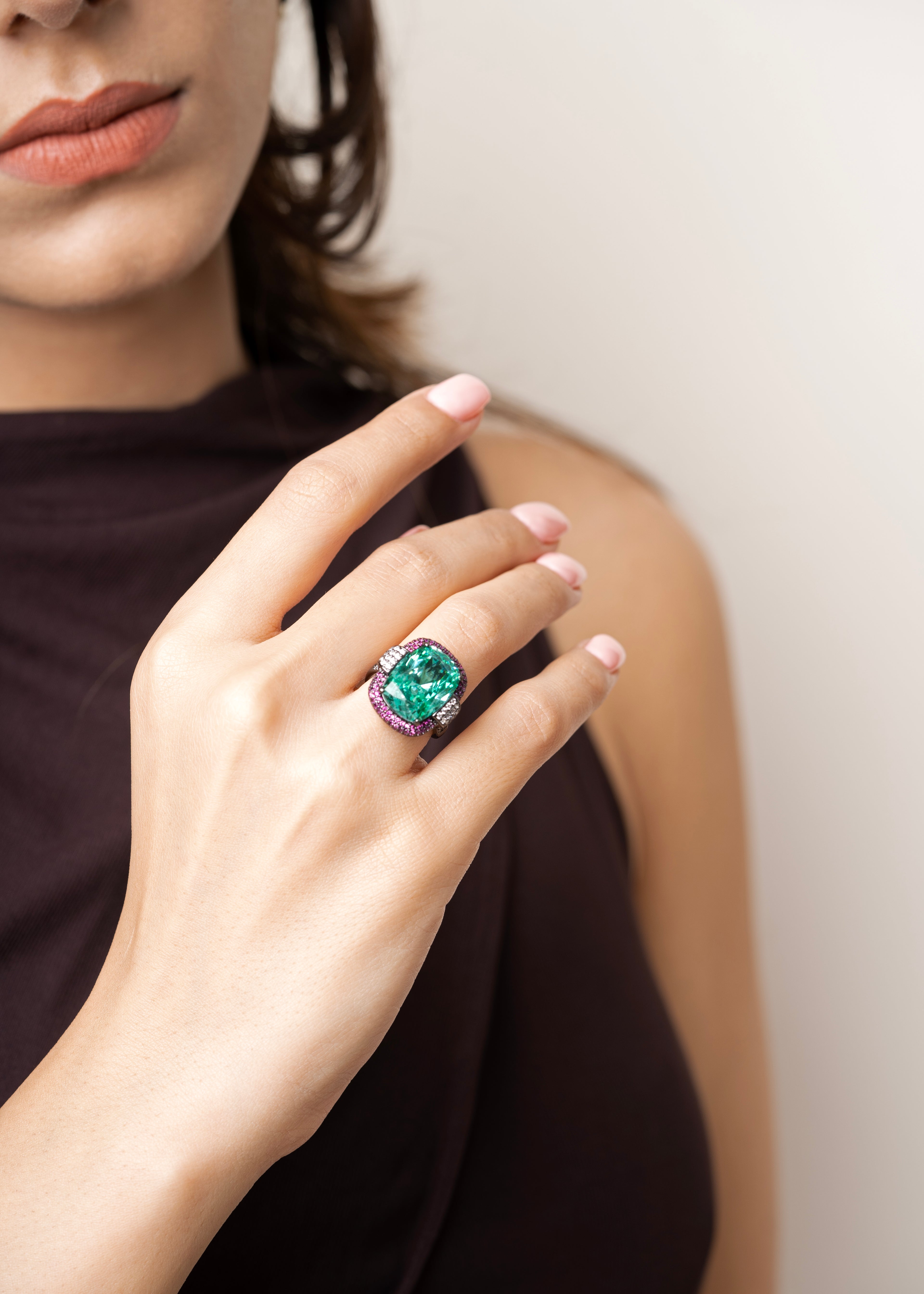 GREEN & PINK SWAROVSKI CRYSTAL RING
