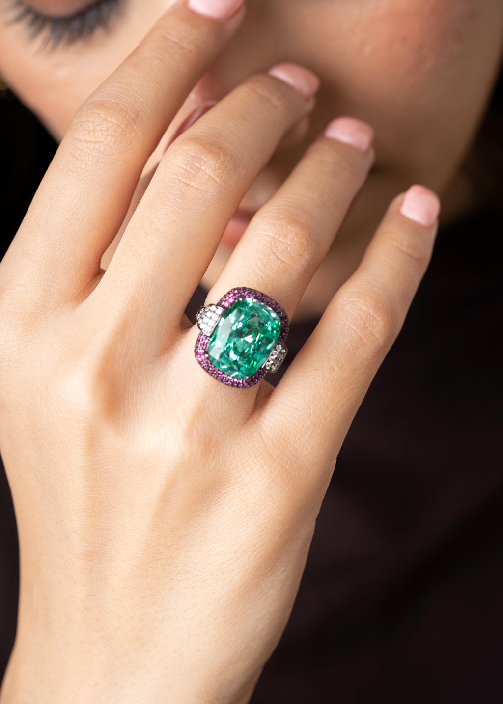 GREEN & PINK SWAROVSKI CRYSTAL RING