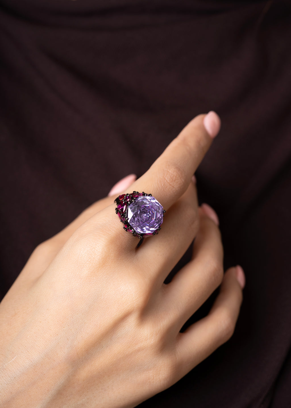 PURPLE ROSE SWAROVSKI & PINK STONES RING