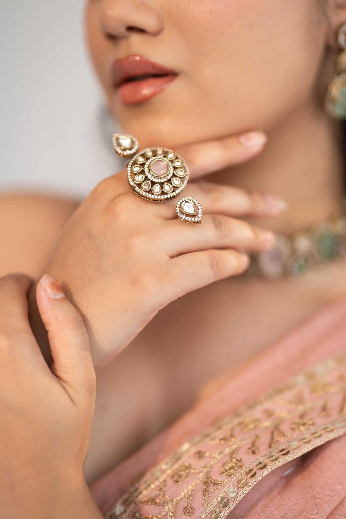 ANTIQUE GOLD KUNDAN AND PINK STONE DOUBLE RING
