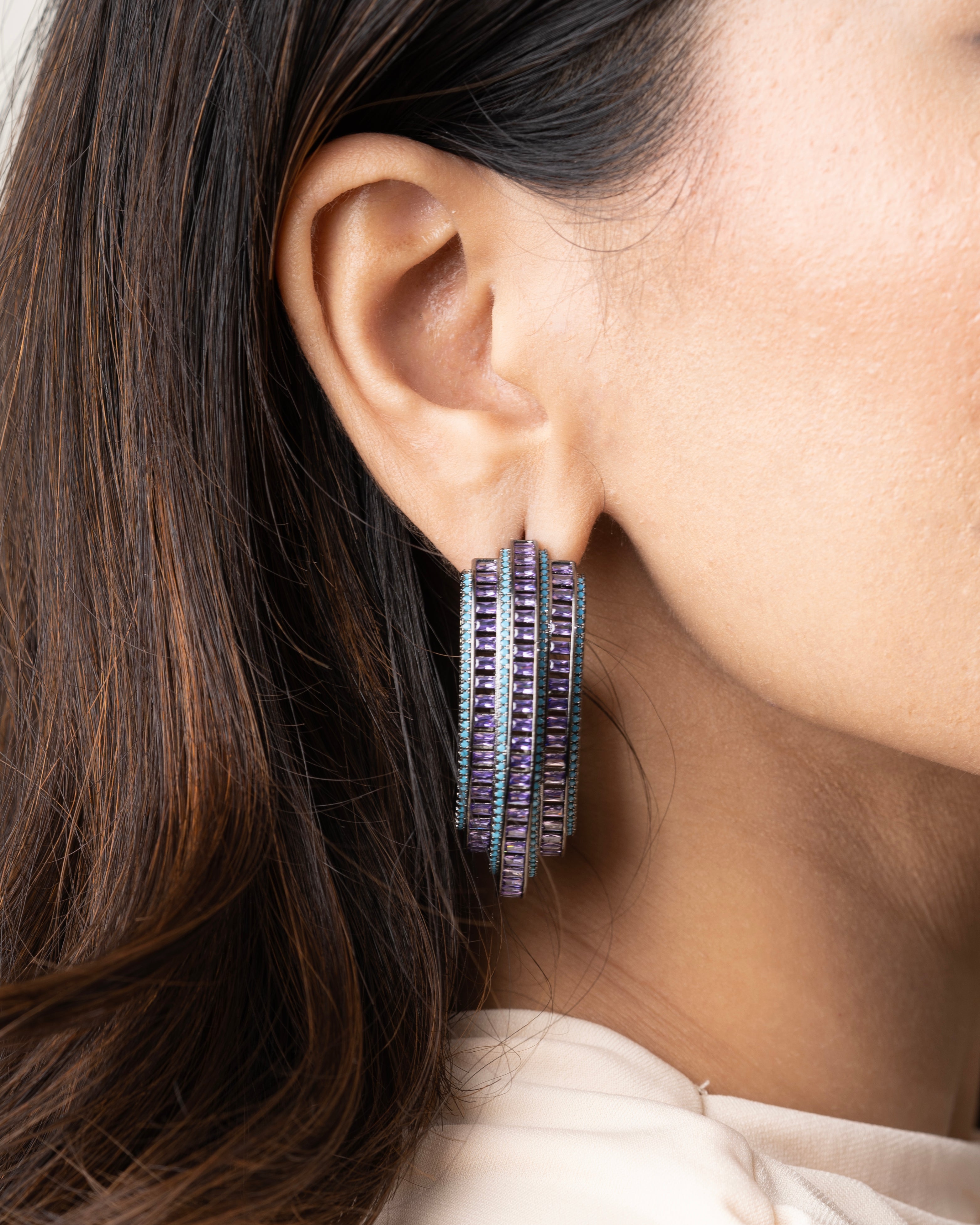 BLUE BEADS & PURPLE STONES EARRINGS