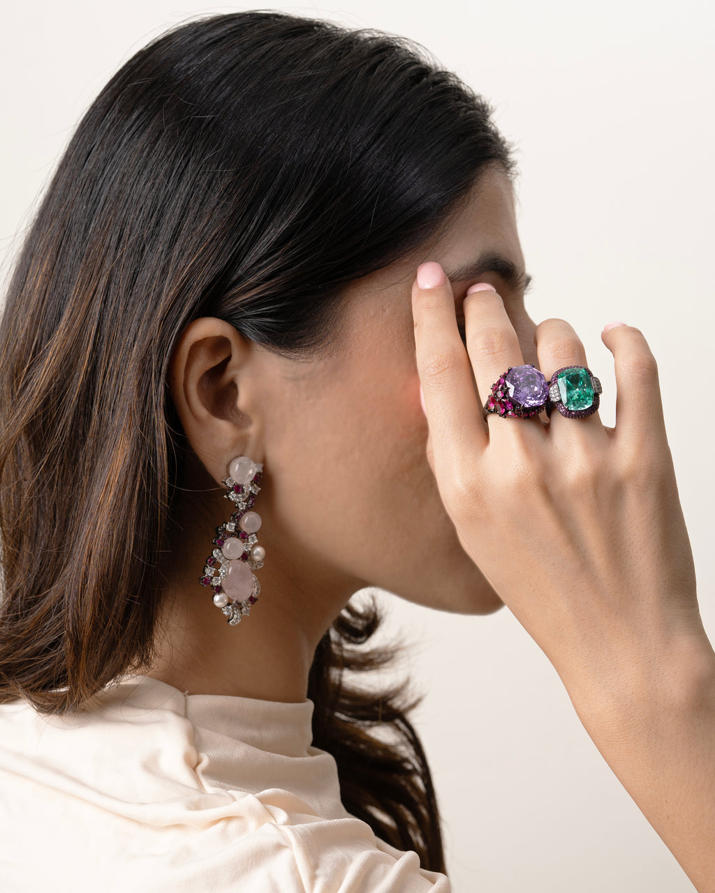 PINK STONE SWIRL EARRINGS WITH PEARLS