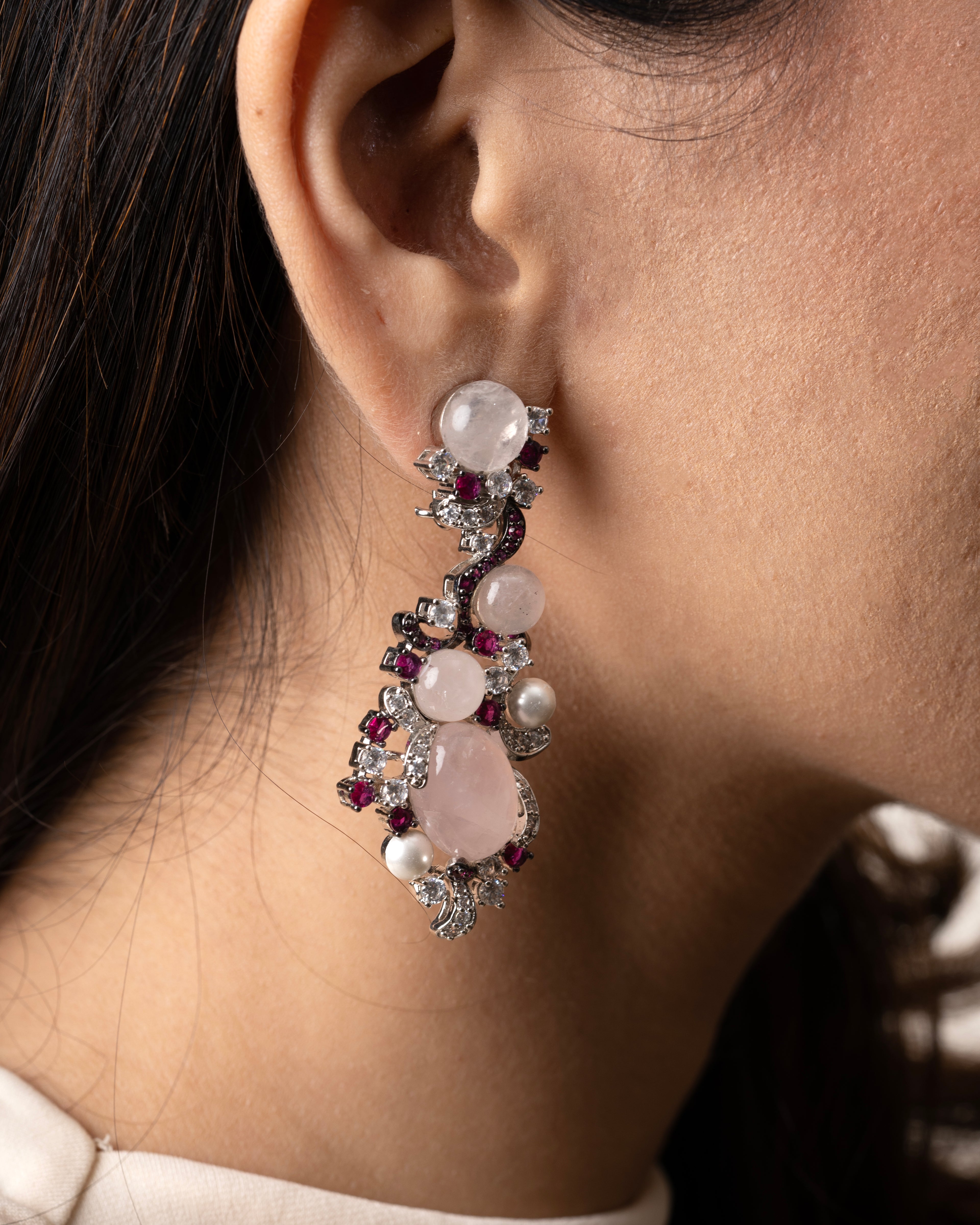 PINK STONE SWIRL EARRINGS WITH PEARLS