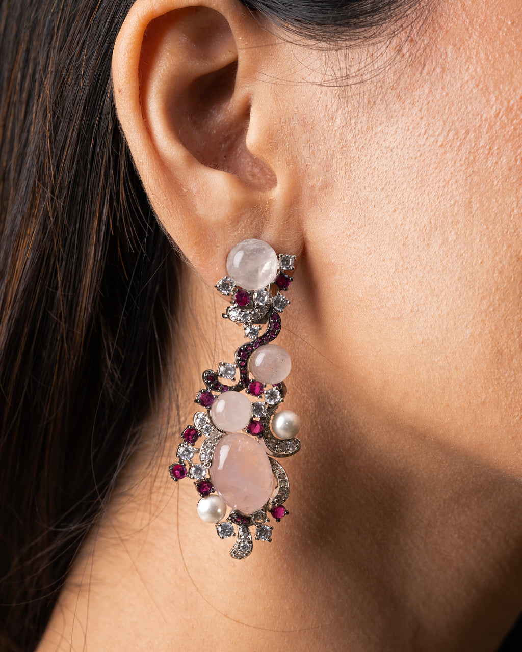 PINK STONE SWIRL EARRINGS WITH PEARLS