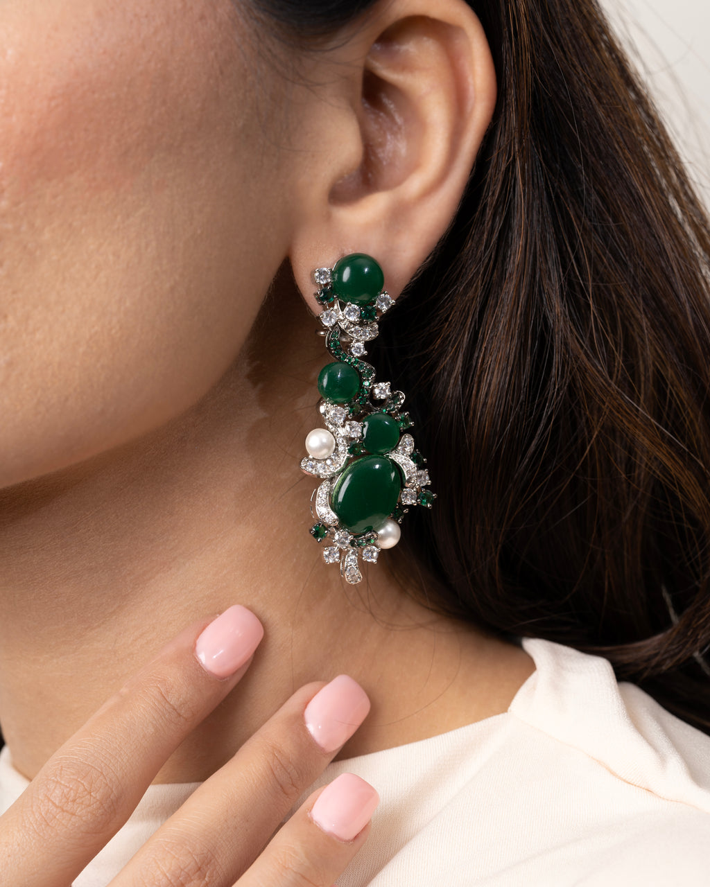 GREEN STONE SWIRL EARRINGS WITH PEARLS