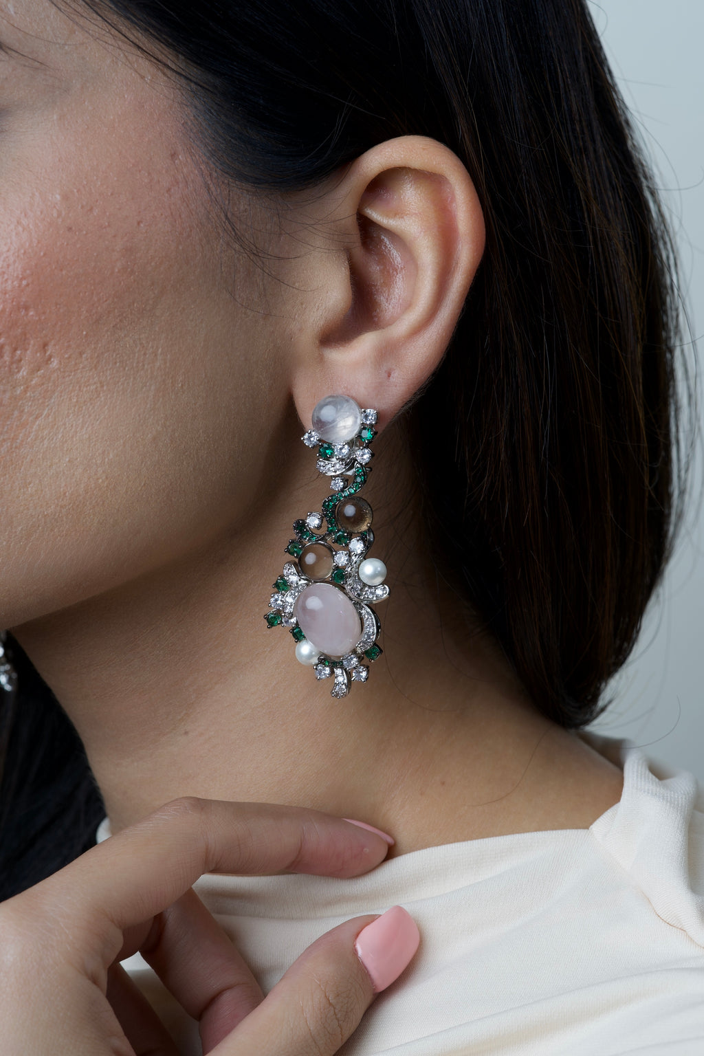 PINK & GREEN STONE SWIRL EARRINGS WITH PEARLS