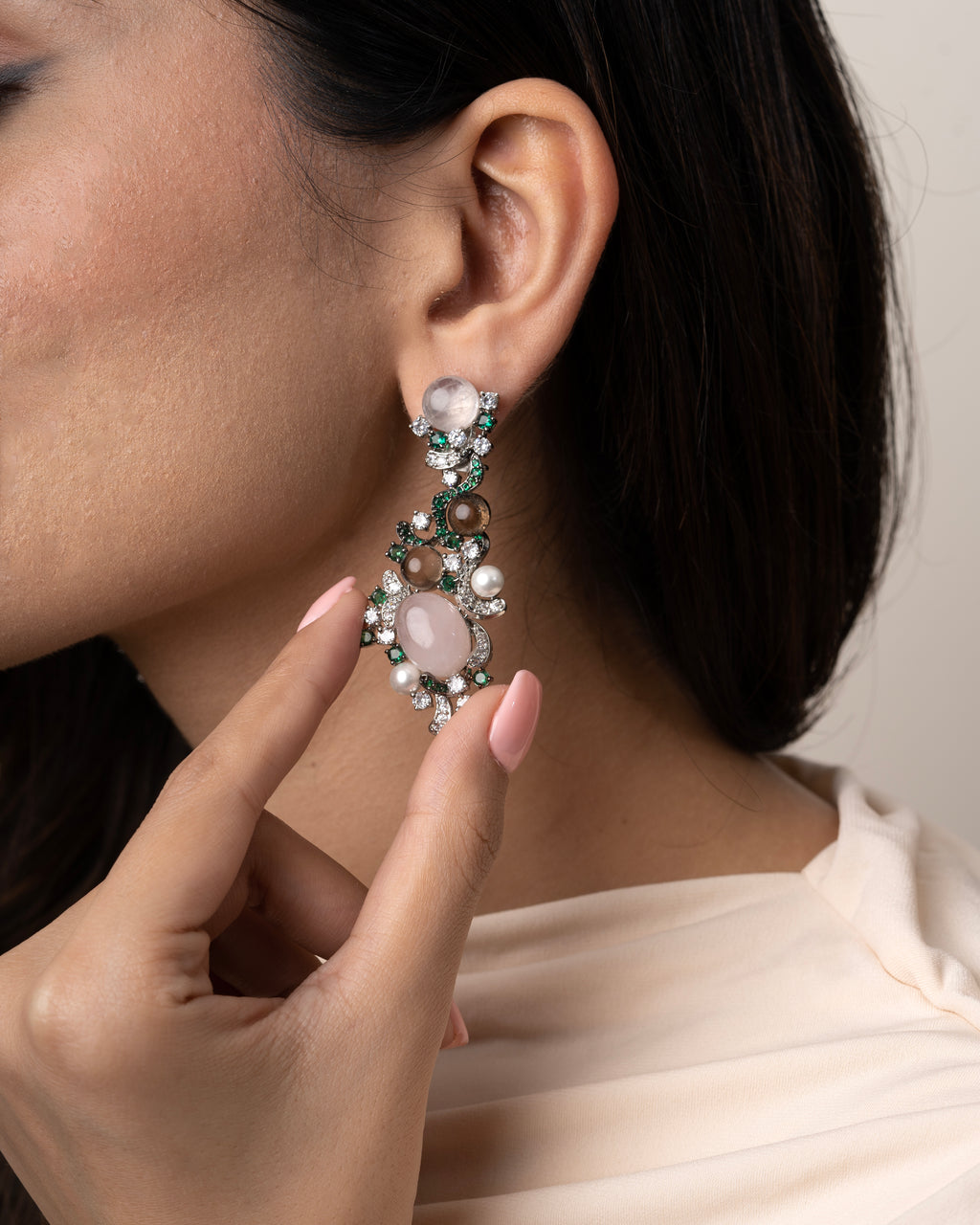 PINK & GREEN STONE SWIRL EARRINGS WITH PEARLS