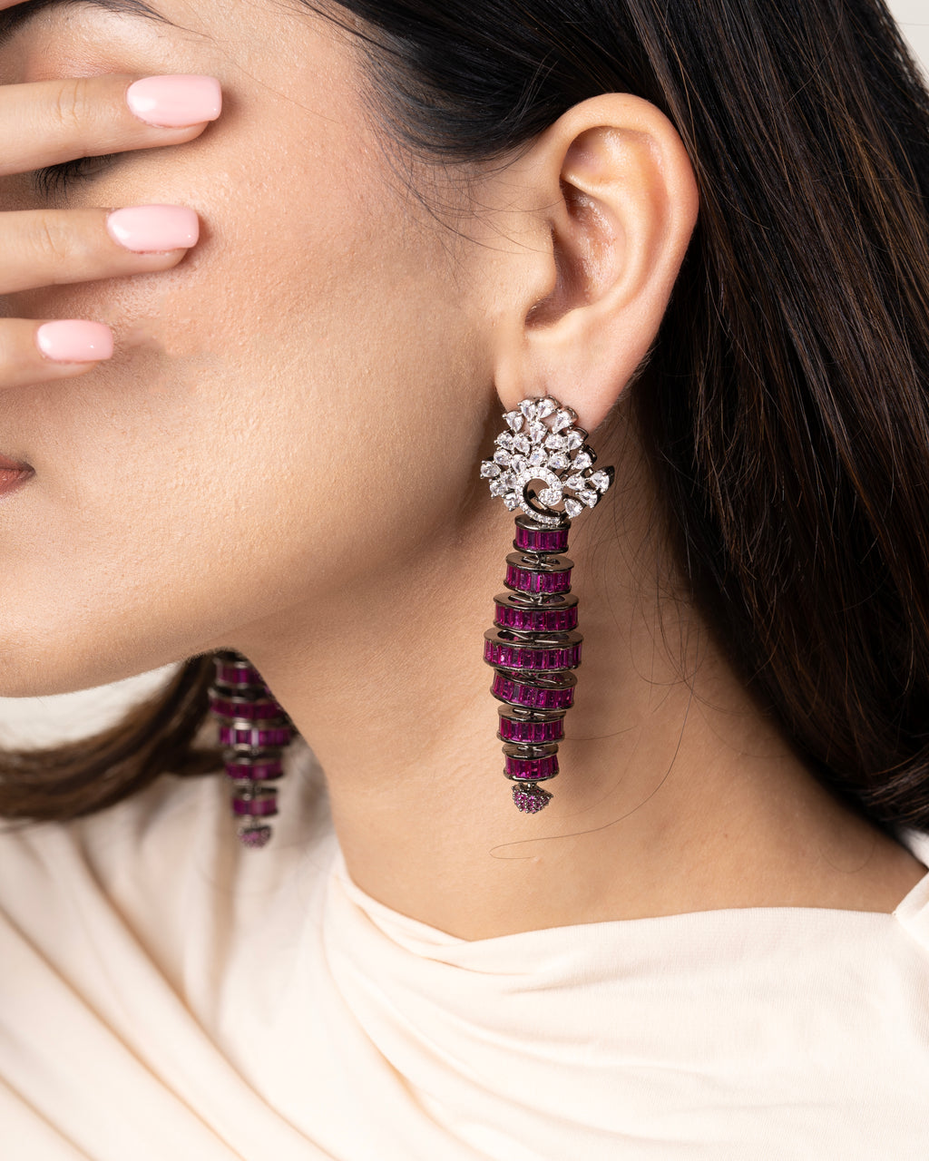 STATEMENT DROP EARRINGS WITH PINK BAGUETTE STONES AND CRYSTAL ACCENTS