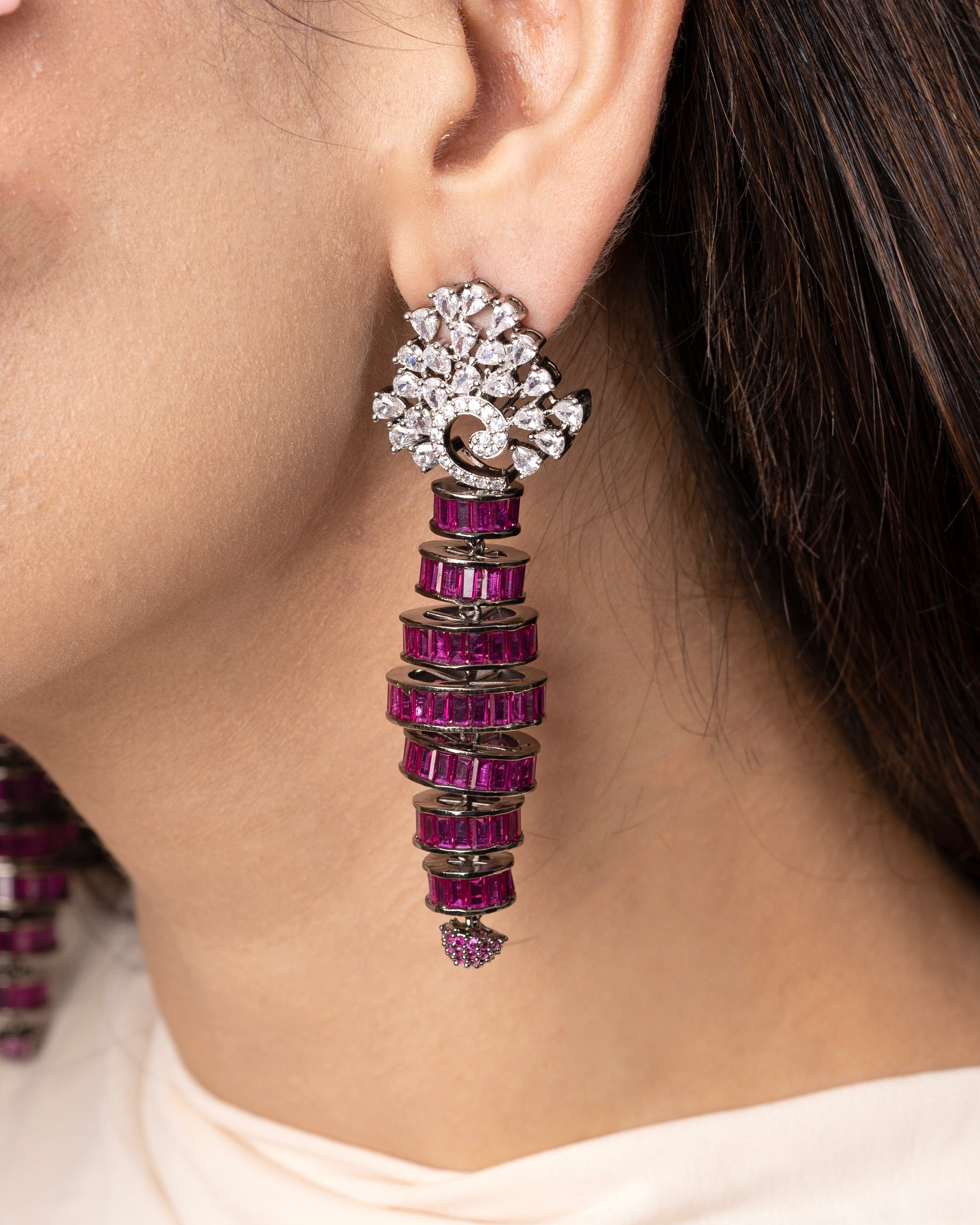STATEMENT DROP EARRINGS WITH PINK BAGUETTE STONES AND CRYSTAL ACCENTS