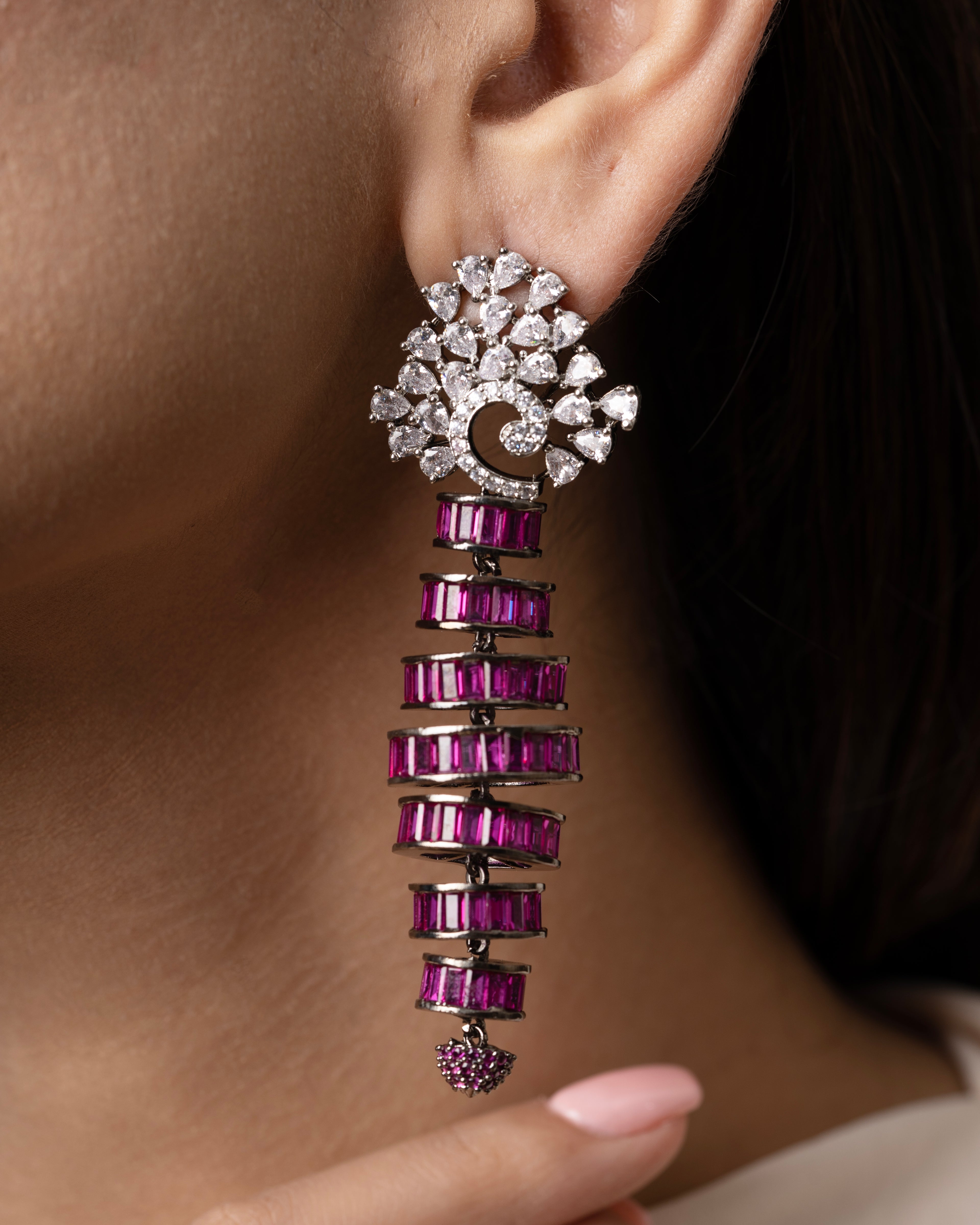 STATEMENT DROP EARRINGS WITH PINK BAGUETTE STONES AND CRYSTAL ACCENTS
