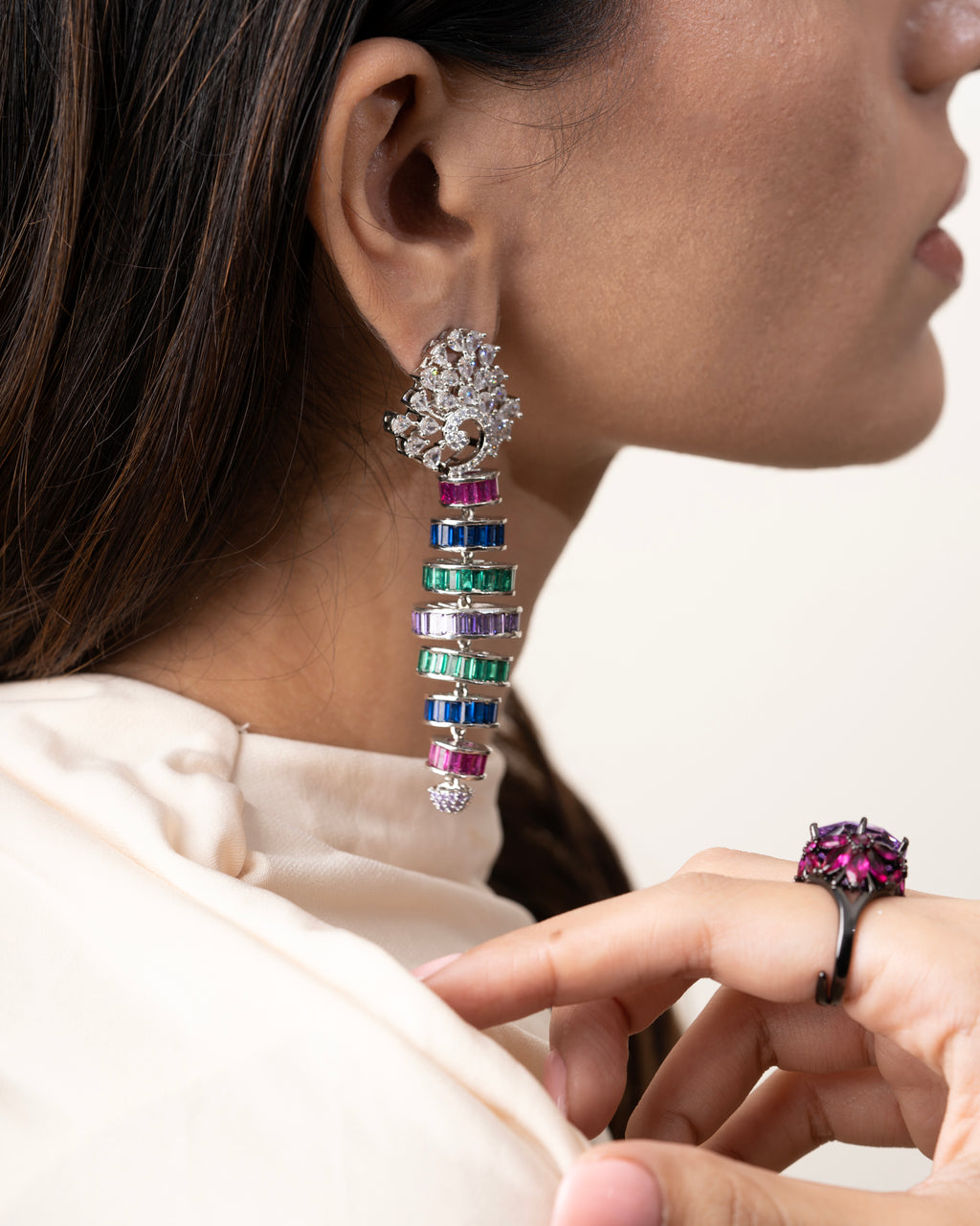 STATEMENT DROP EARRINGS WITH MULTICOLOUR BAGUETTE STONES AND CRYSTAL ACCENTS