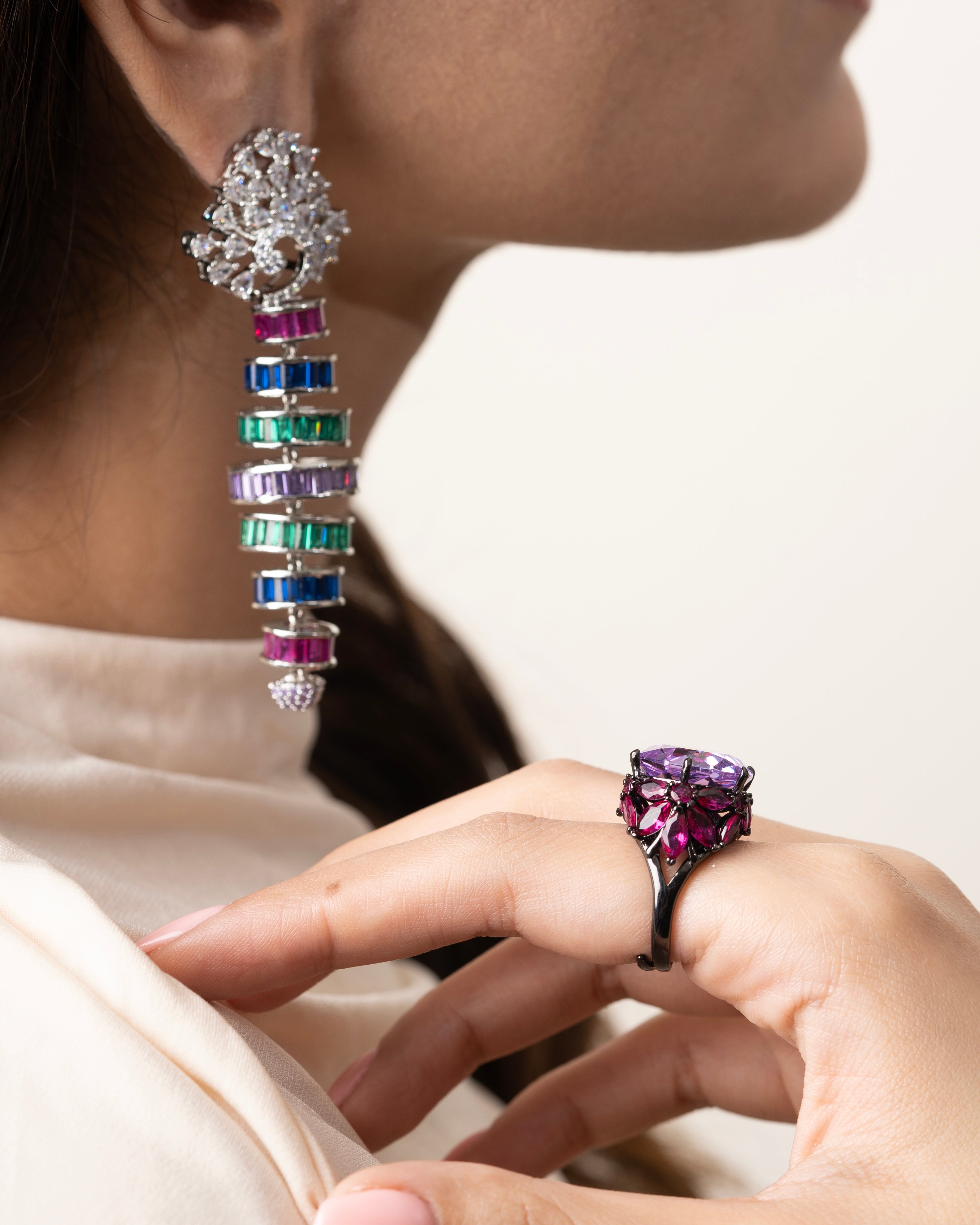 STATEMENT DROP EARRINGS WITH MULTICOLOUR BAGUETTE STONES AND CRYSTAL ACCENTS