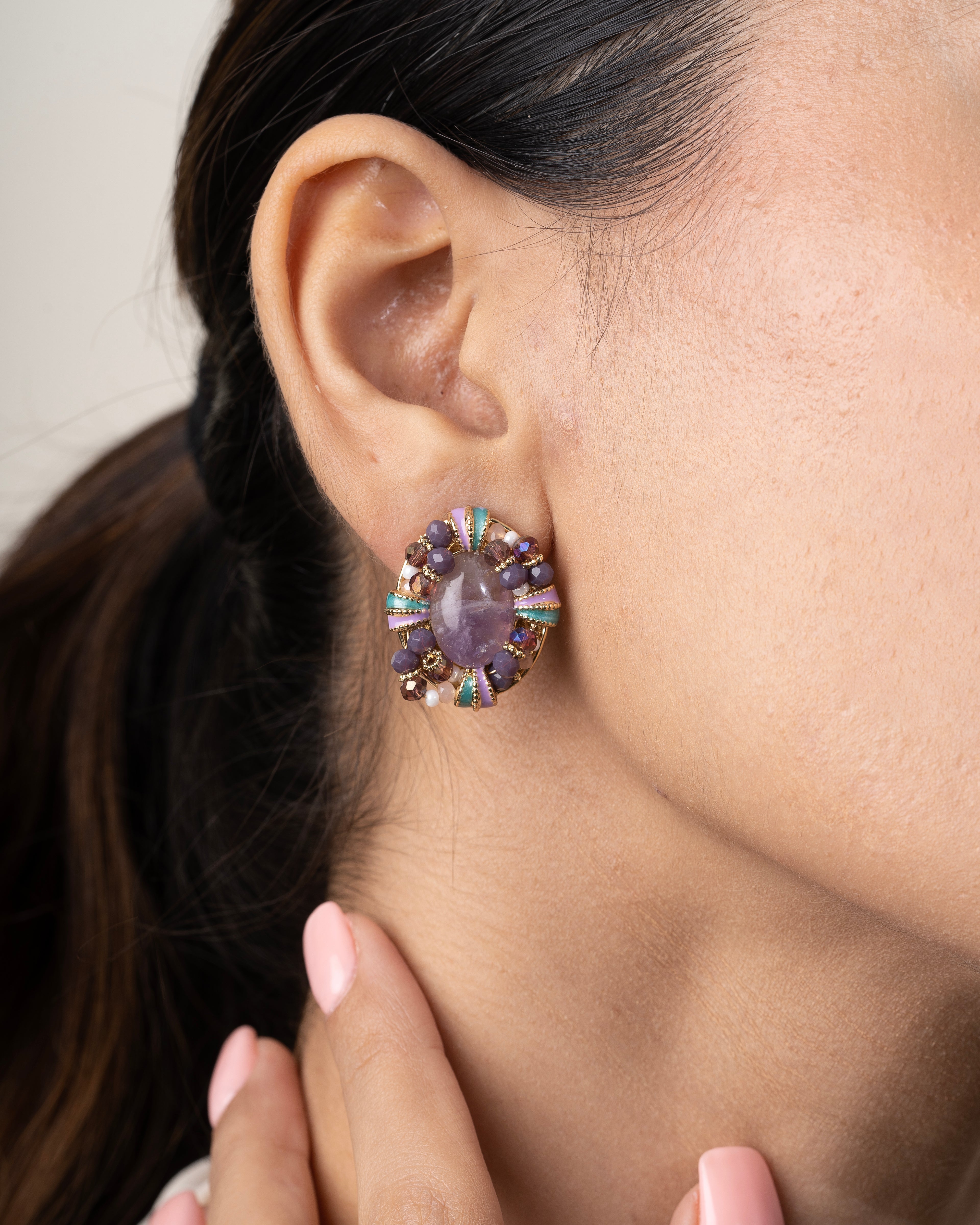 PURPLE STONES STUDS WITH MULTICOLOURED STONES