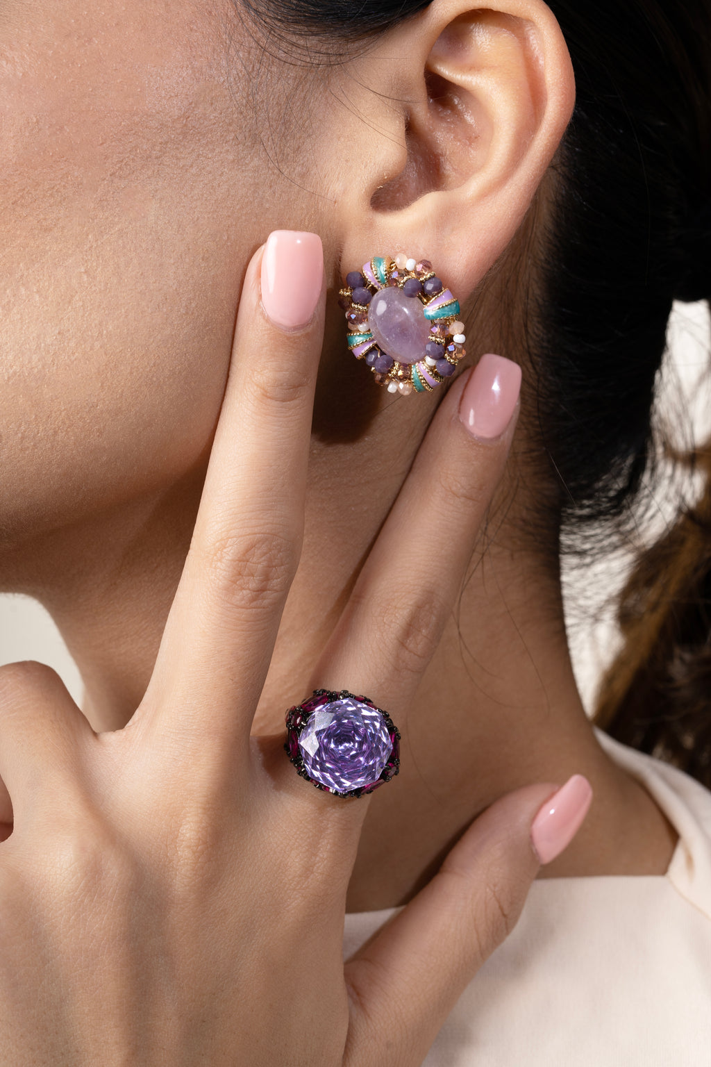 PURPLE STONES STUDS WITH MULTICOLOURED STONES