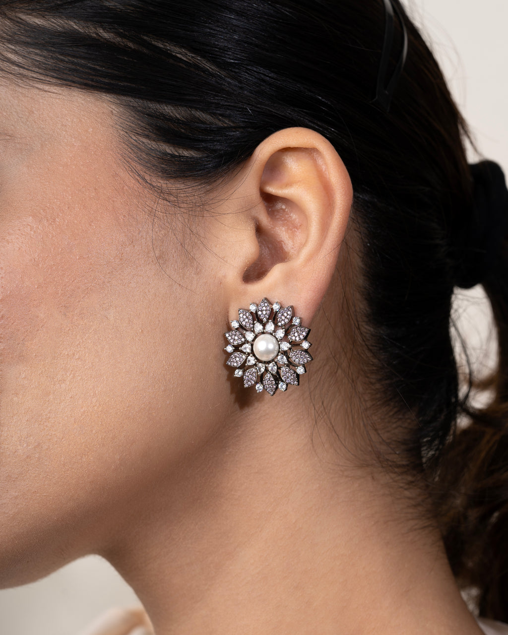 LILAC STONES FLORAL PEARL STUDS