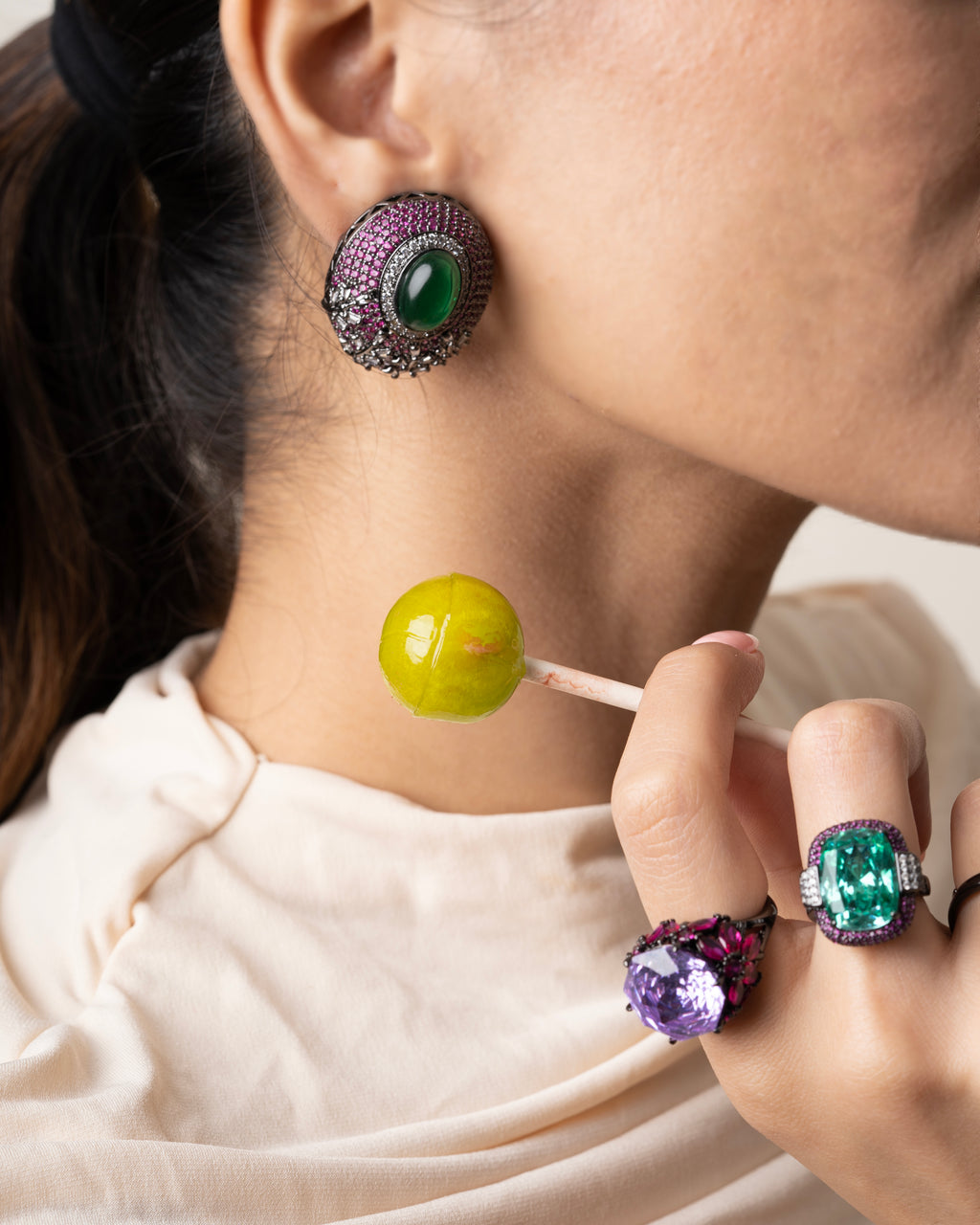 PINK & GREEN STONE STUDS WITH FLORAL CRYSTAL ACCENTS