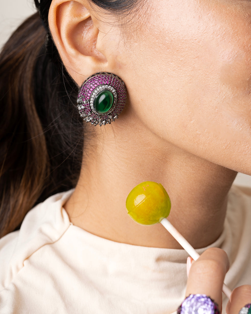 PINK & GREEN STONE STUDS WITH FLORAL CRYSTAL ACCENTS