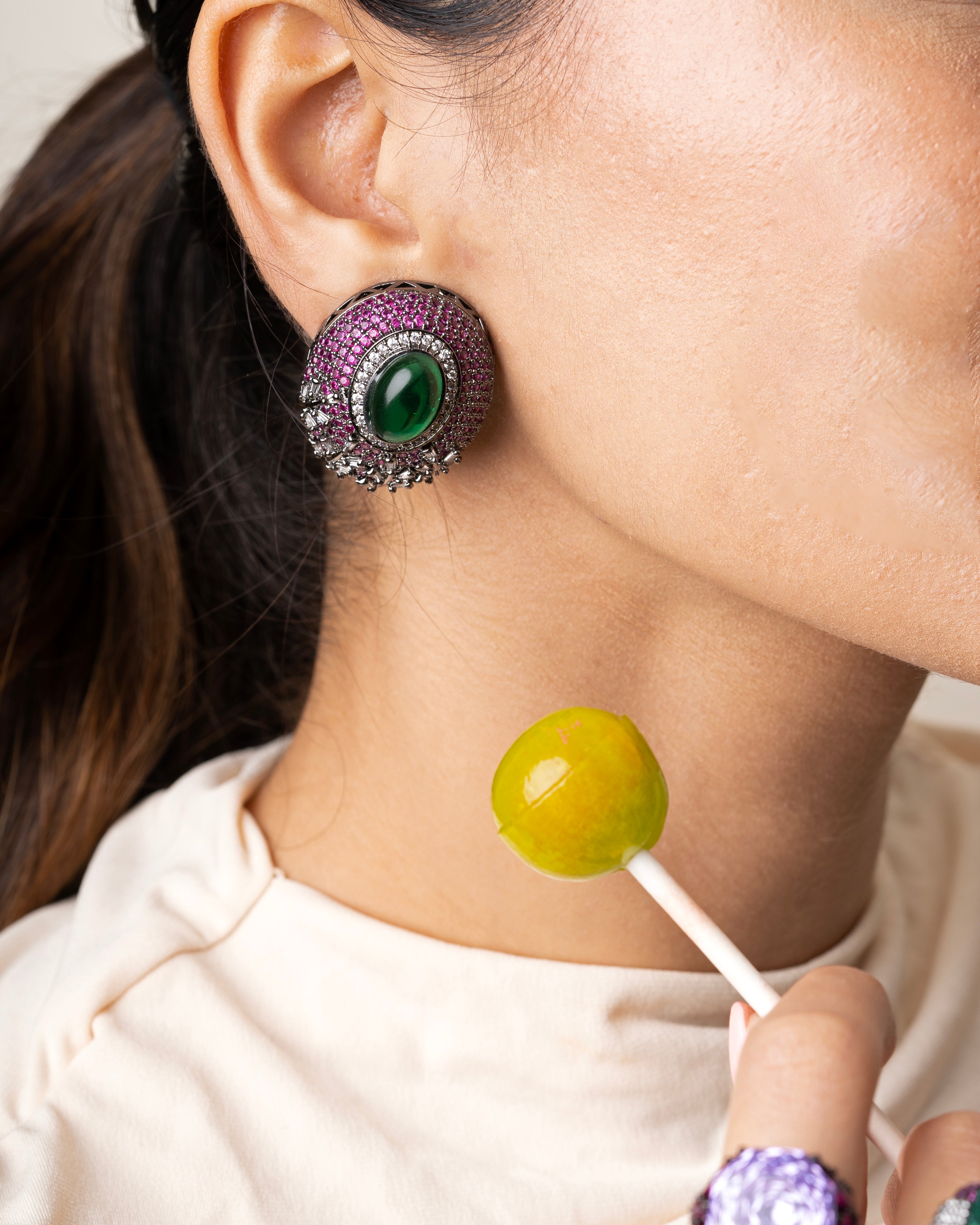 PINK & GREEN STONE STUDS WITH FLORAL CRYSTAL ACCENTS
