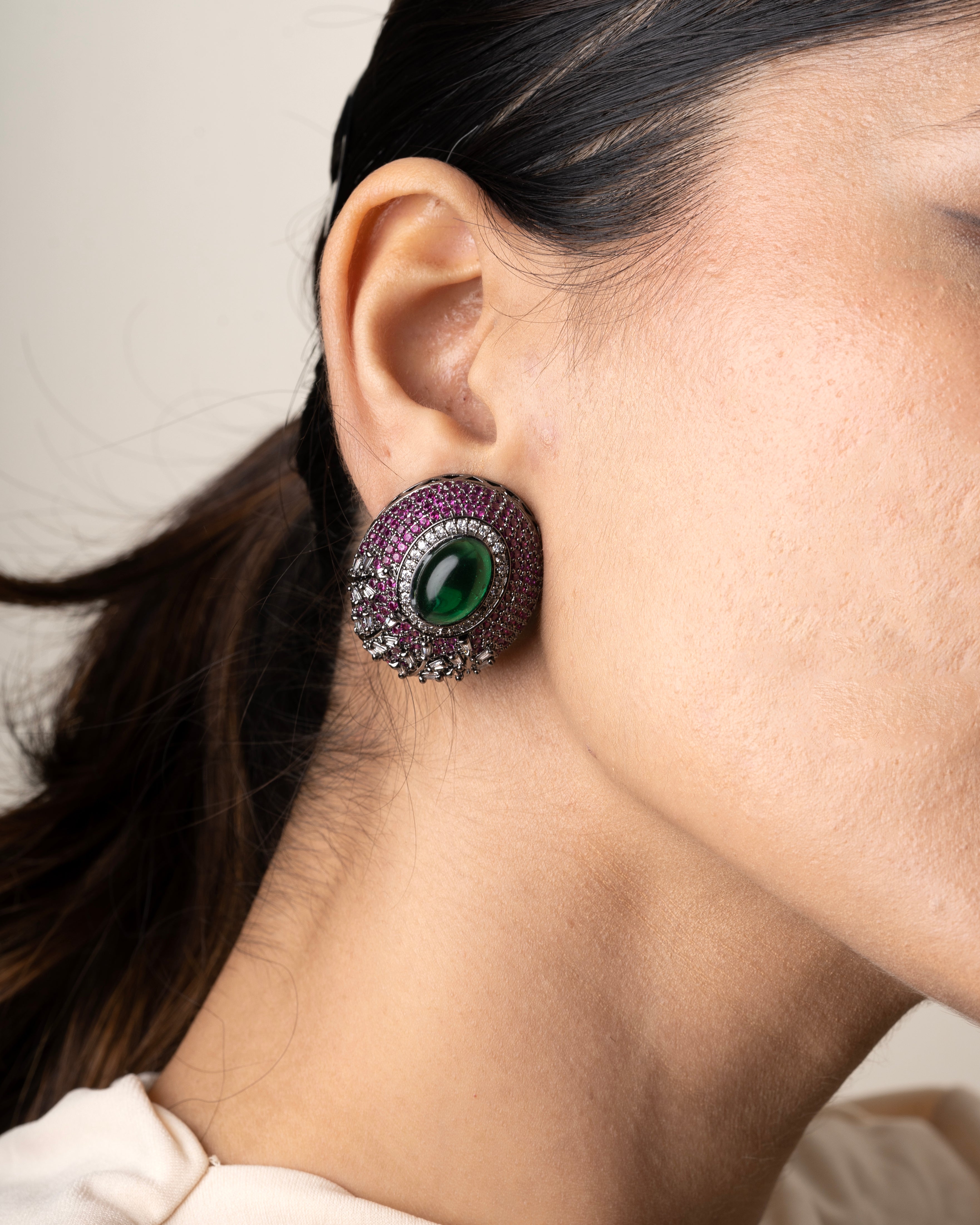 PINK & GREEN STONE STUDS WITH FLORAL CRYSTAL ACCENTS