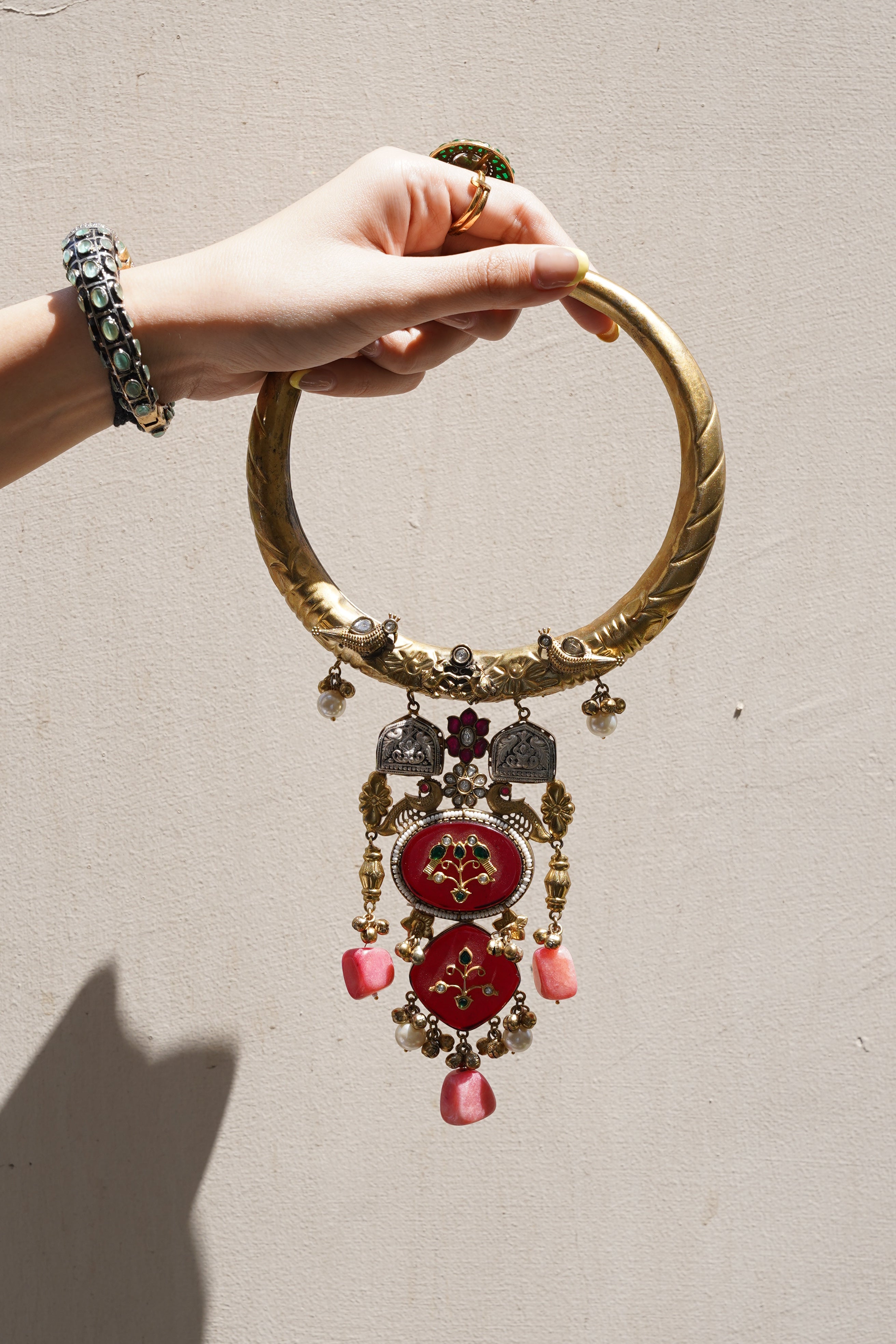 GOLD-PLATED MAROON STONE HASLI WITH BIRD EARRINGS