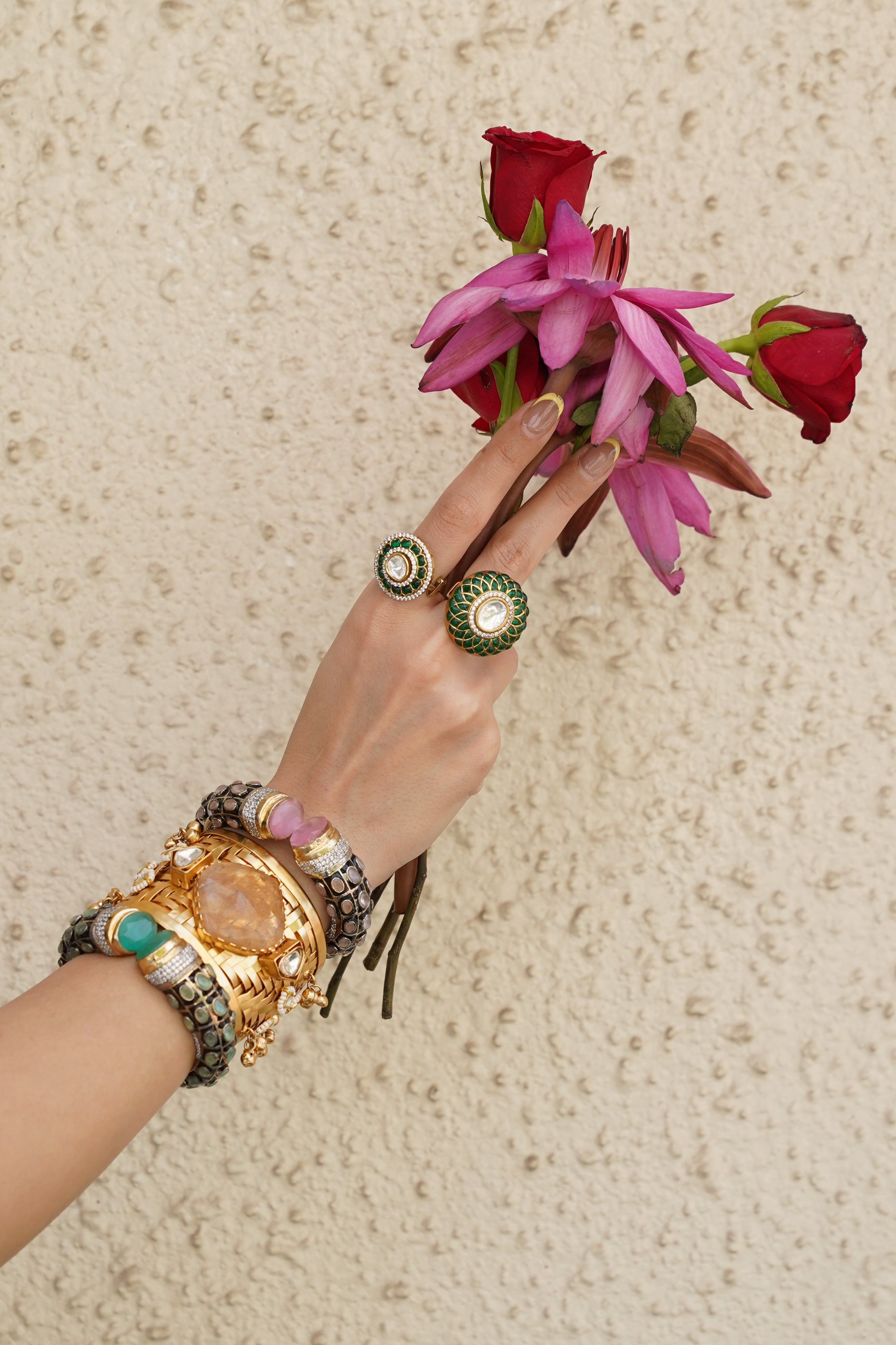 GREEN MEENAKARI STYLE KUNDAN RING