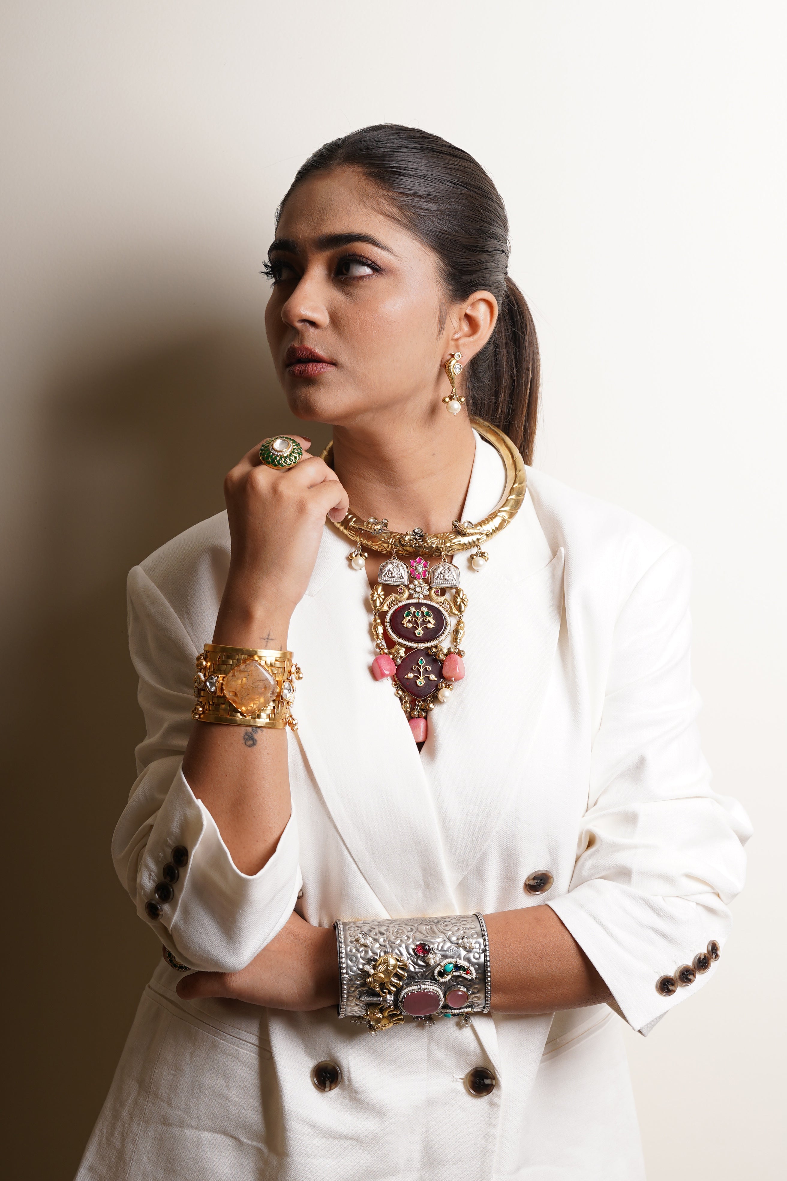 GOLD-PLATED MAROON STONE HASLI WITH BIRD EARRINGS