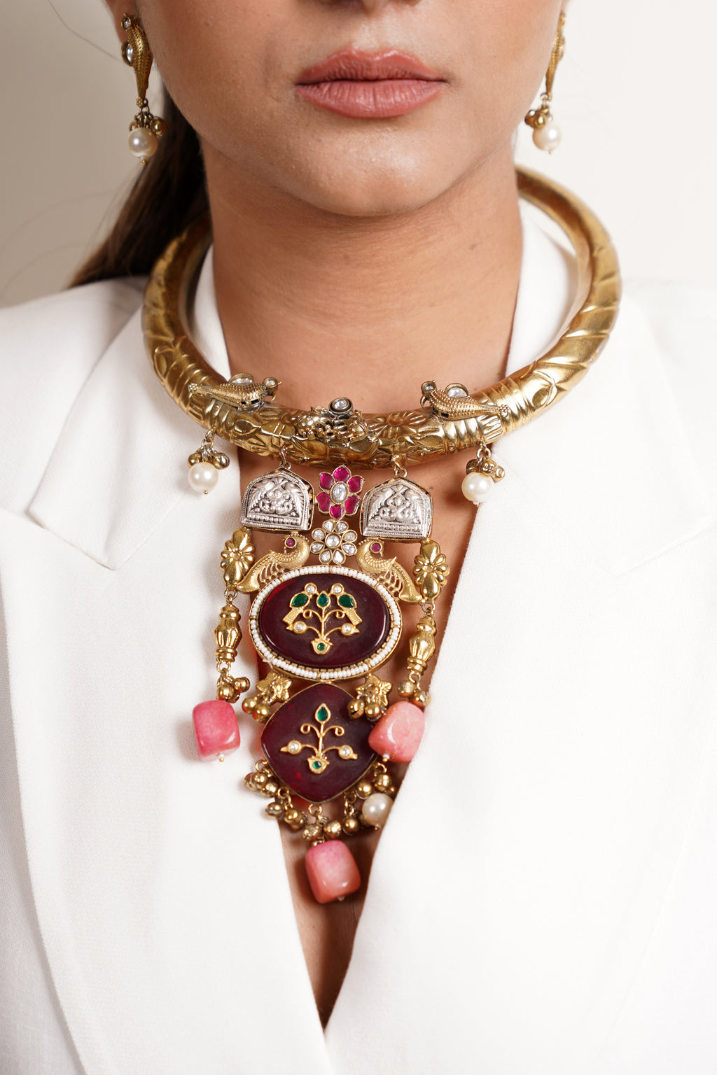 GOLD-PLATED MAROON STONE HASLI WITH BIRD EARRINGS