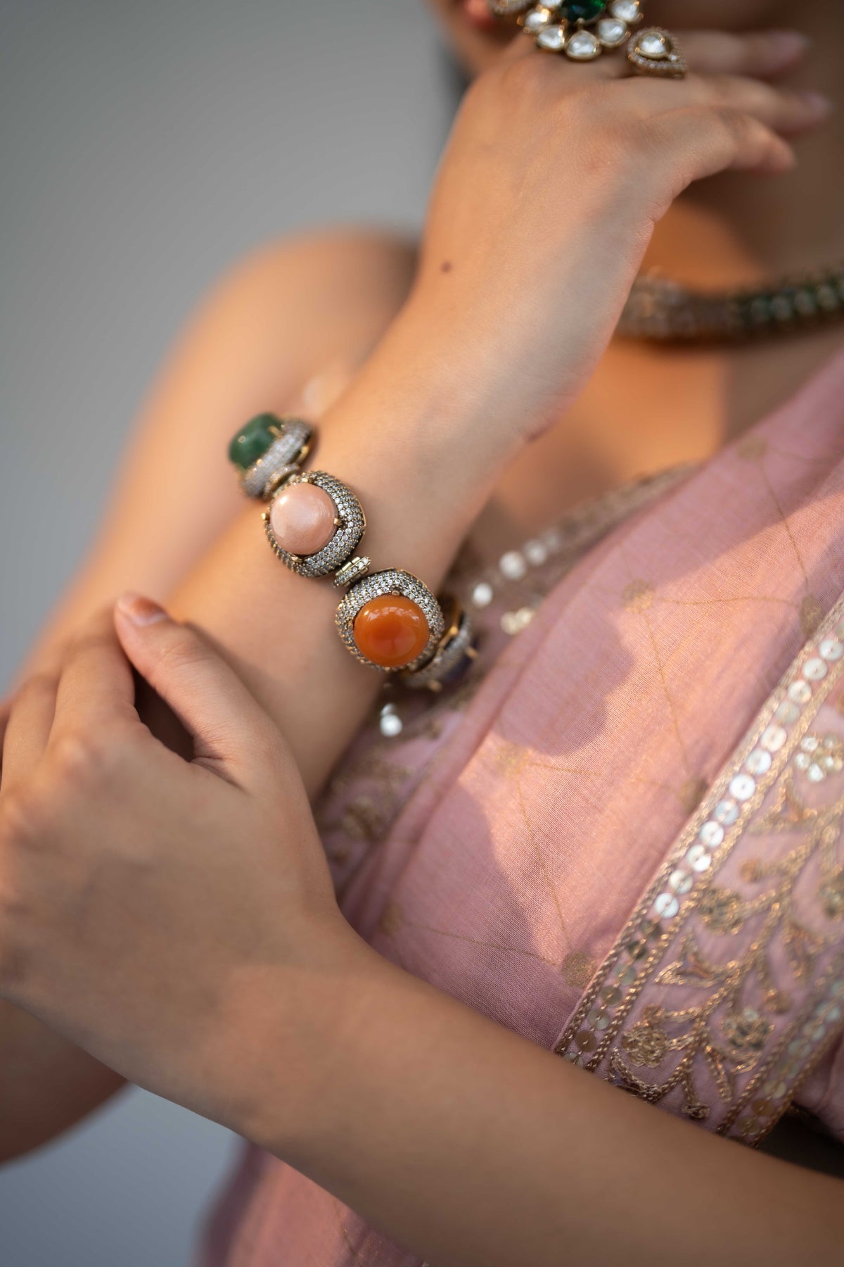 MULTICOLOURED STONE ANTIQUE GOLD SQUARE BRACELET