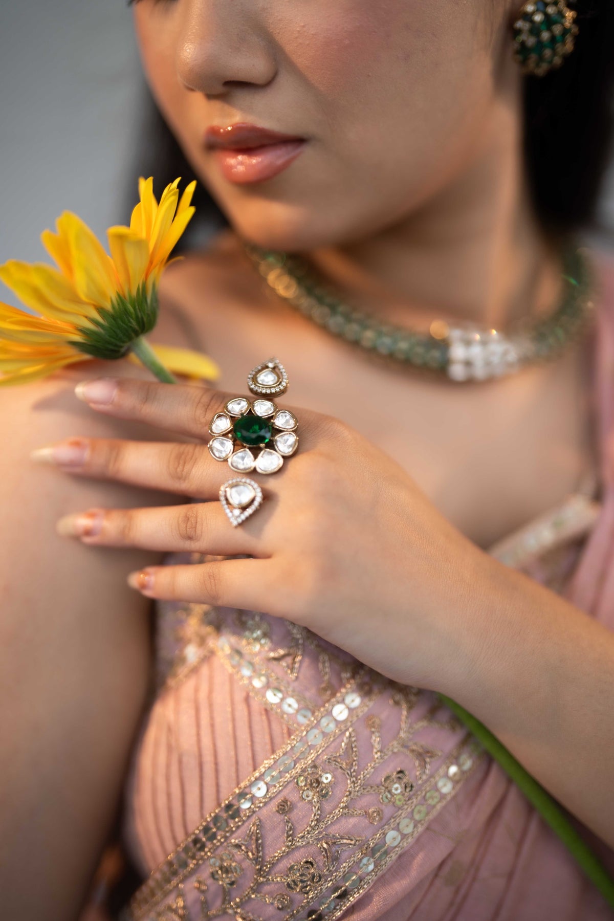 WHITE KUNDAN EMERALD STONE DOUBLE RING
