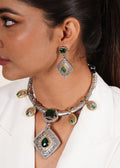 DUAL-TONED GREEN STONE DIAMOND SHAPED CHOKER WITH EARRINGS
