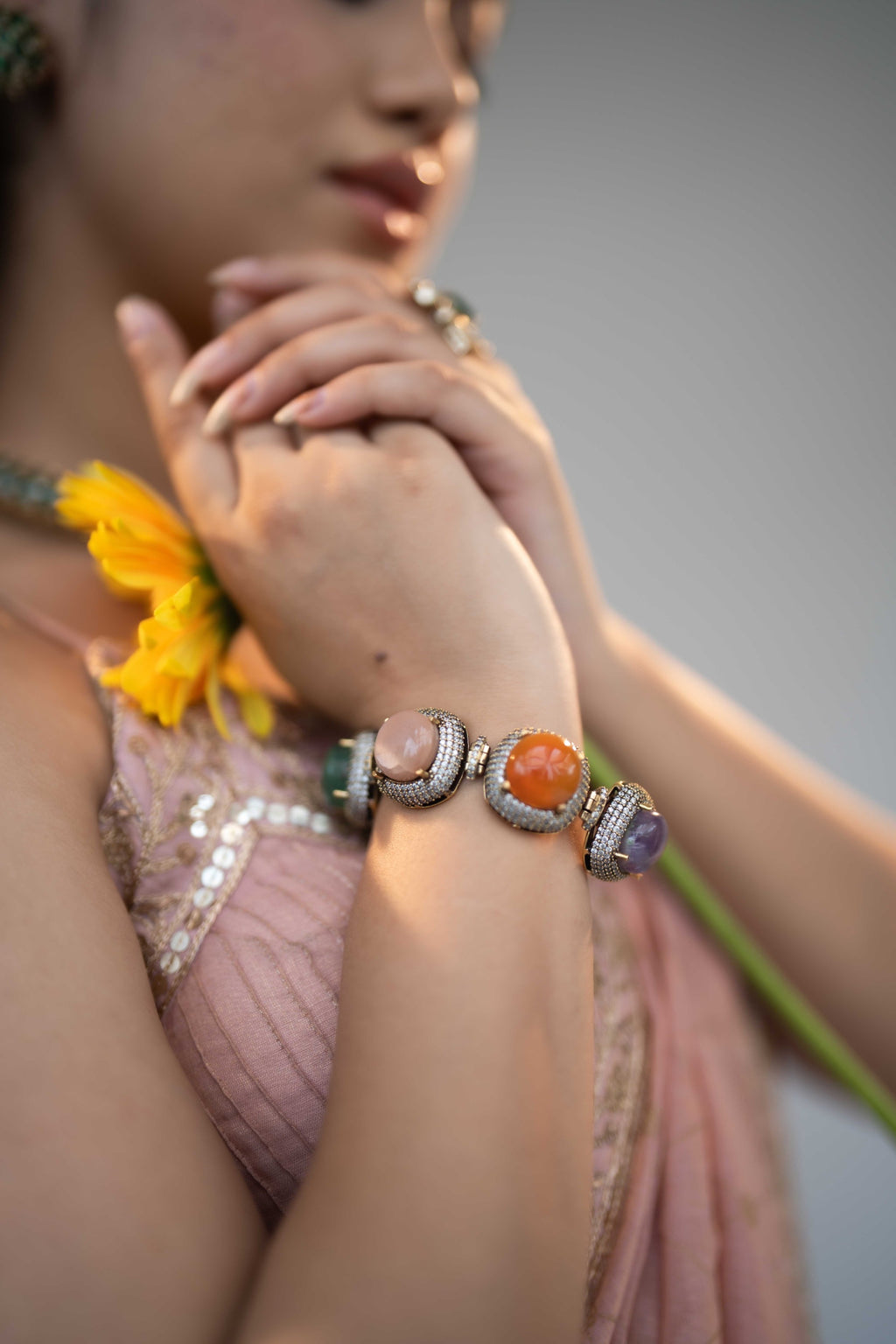 MULTICOLOURED STONE ANTIQUE GOLD SQUARE BRACELET