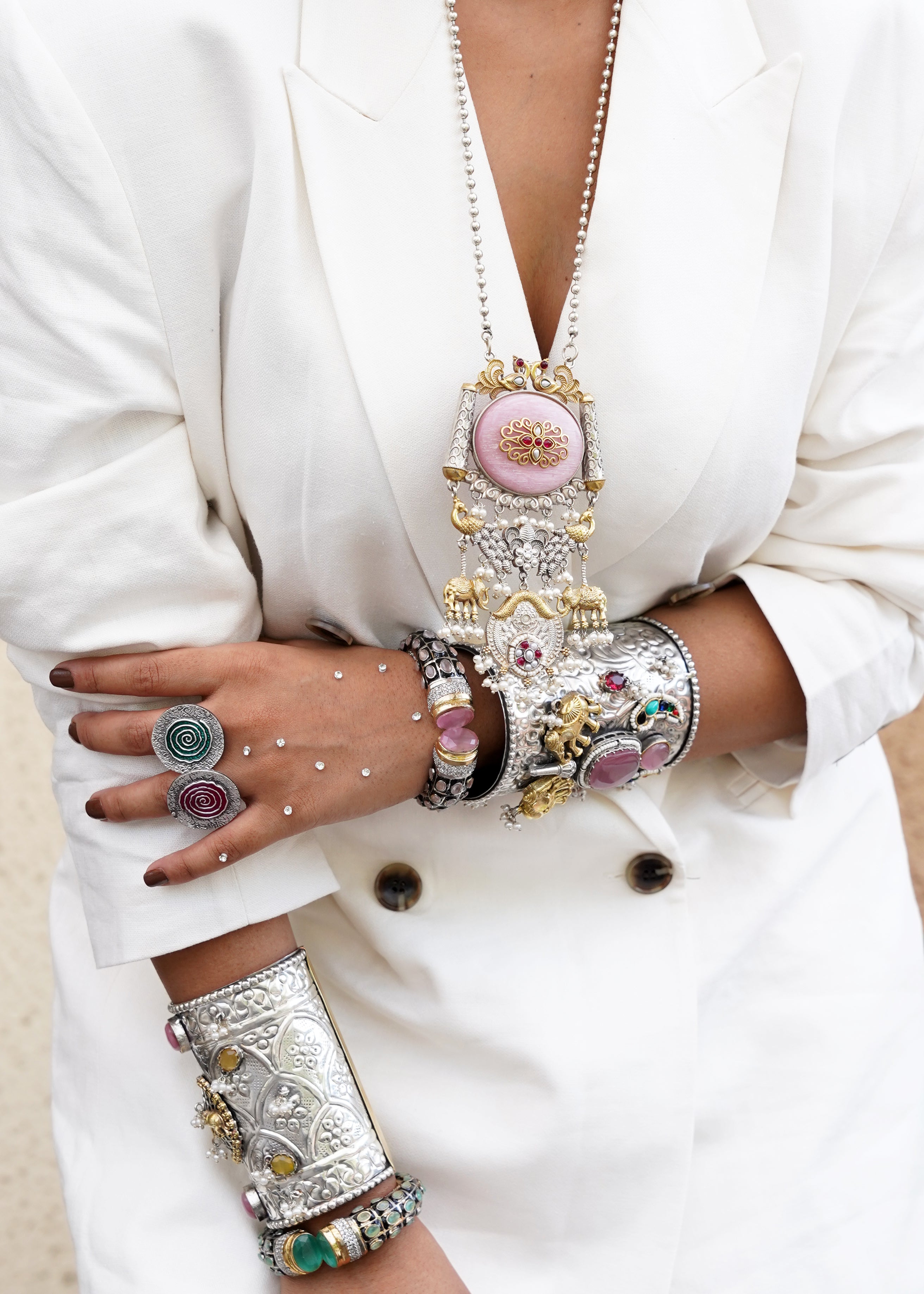 SILVER-PLATED PINK STONE ELEPHANT MOTIF LONG NECKLACE WITH EARRINGS
