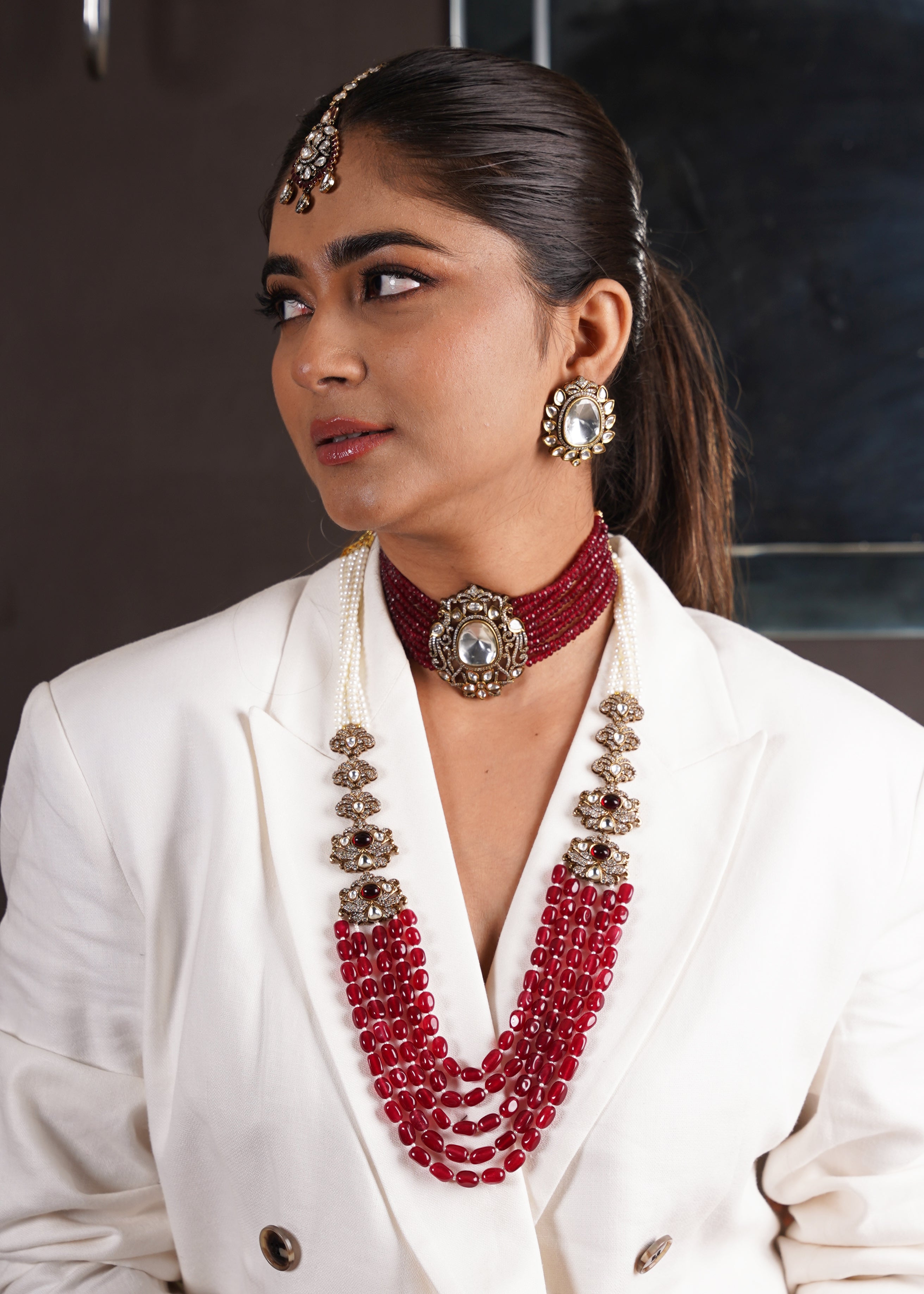 MAROON BEADS KUNDAN & STONES LONG NECKLACE WITH EARRINGS