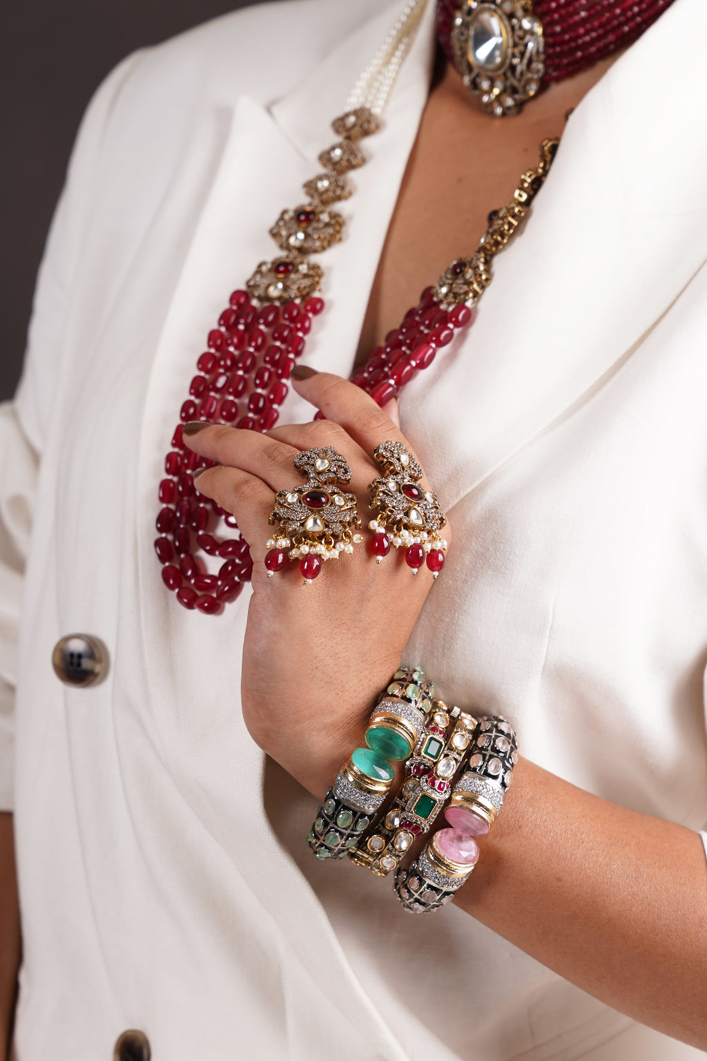 MAROON BEADS KUNDAN & STONES LONG NECKLACE WITH EARRINGS