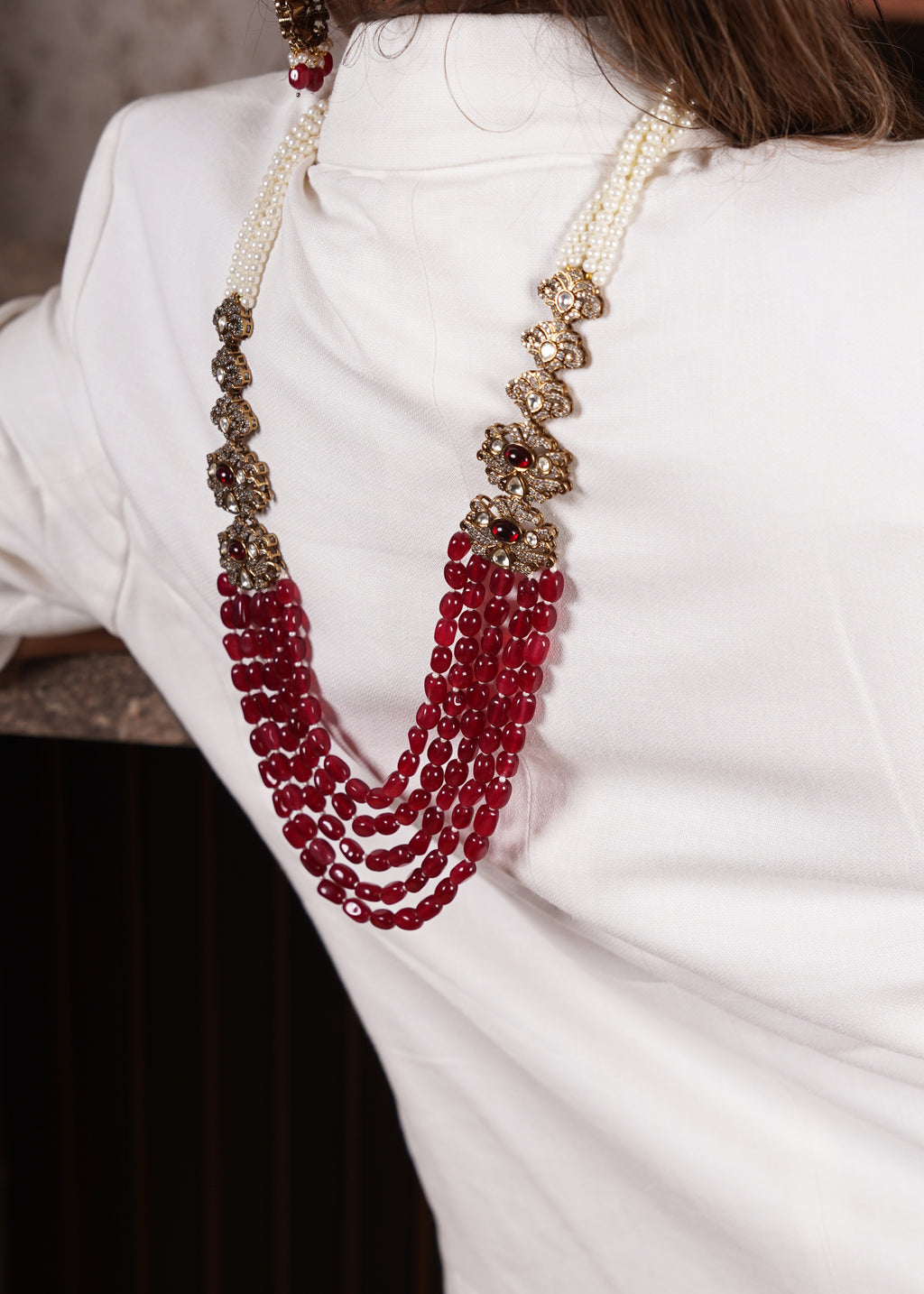 MAROON BEADS KUNDAN & STONES LONG NECKLACE WITH EARRINGS