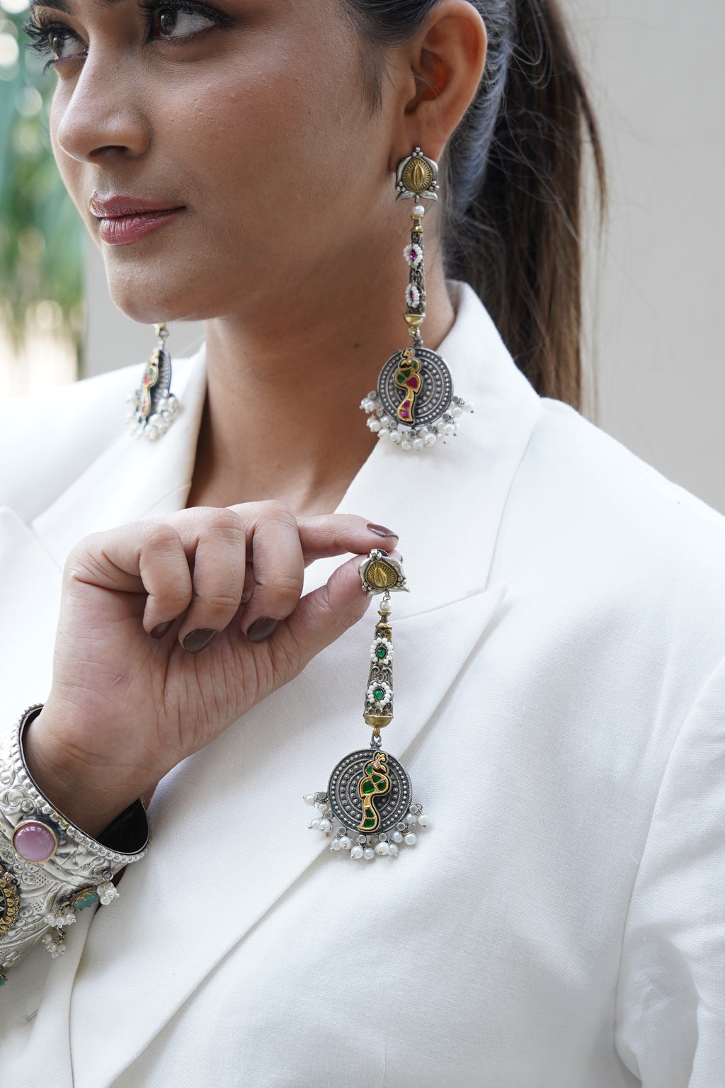 DUAL-TONED GREEN STONE BIRD EARRINGS