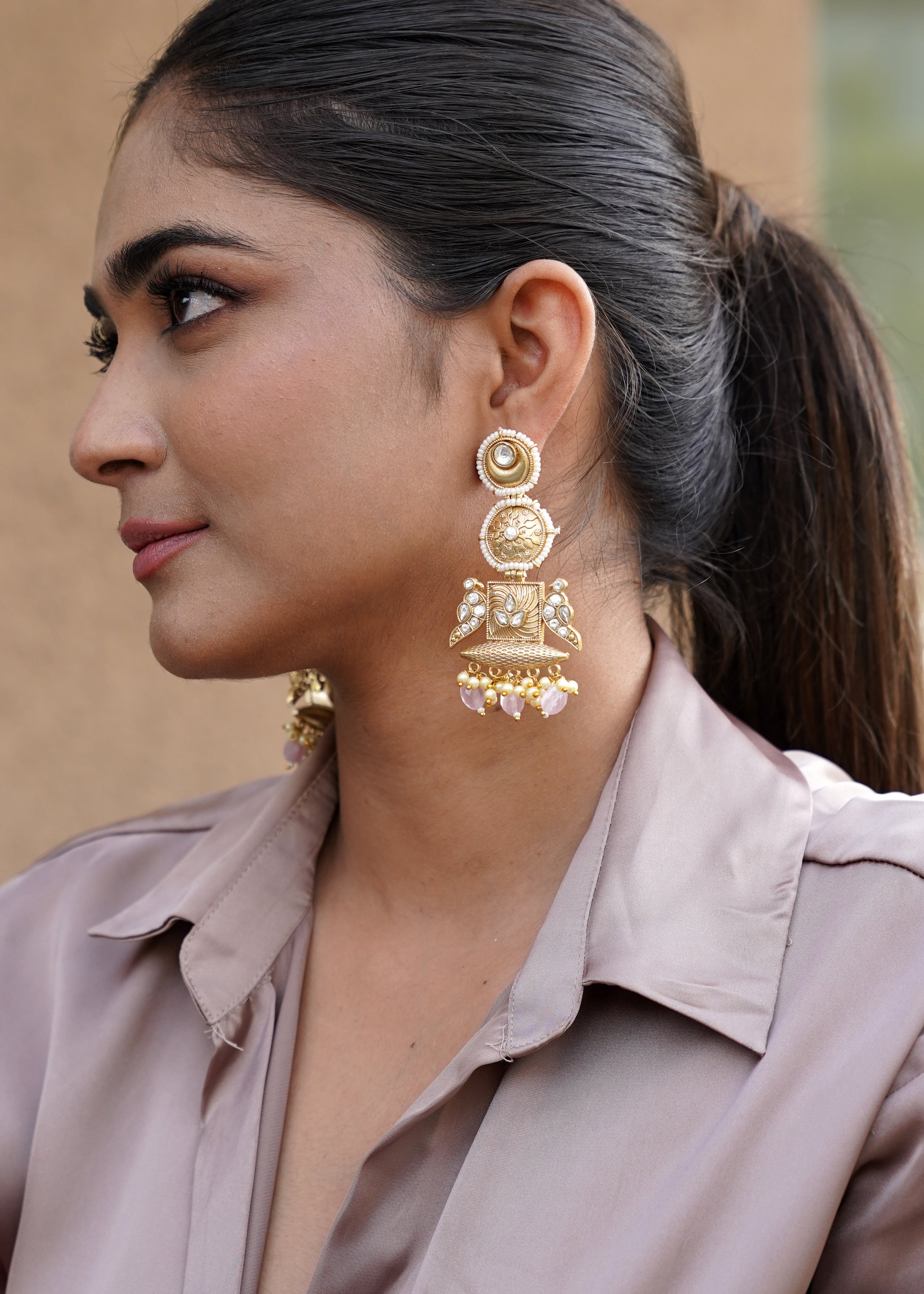 GOLD-PLATED KUNDAN PINK BEADS EARRINGS