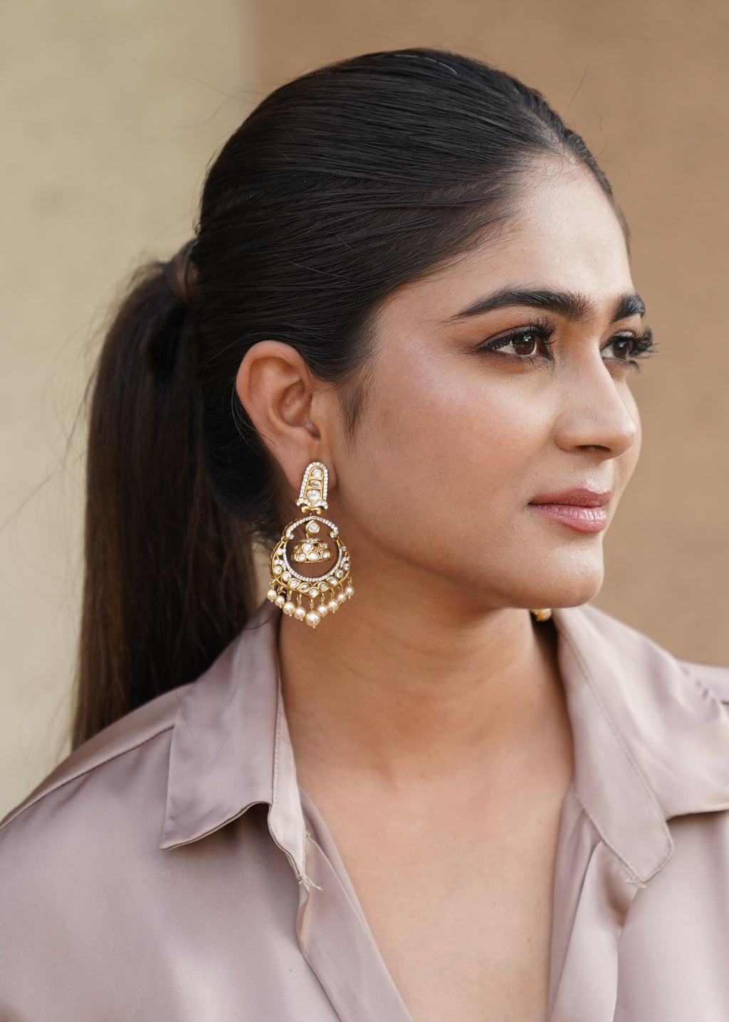 GOLD-PLATED KUNDAN CHANDBALI STYLE EARRINGS