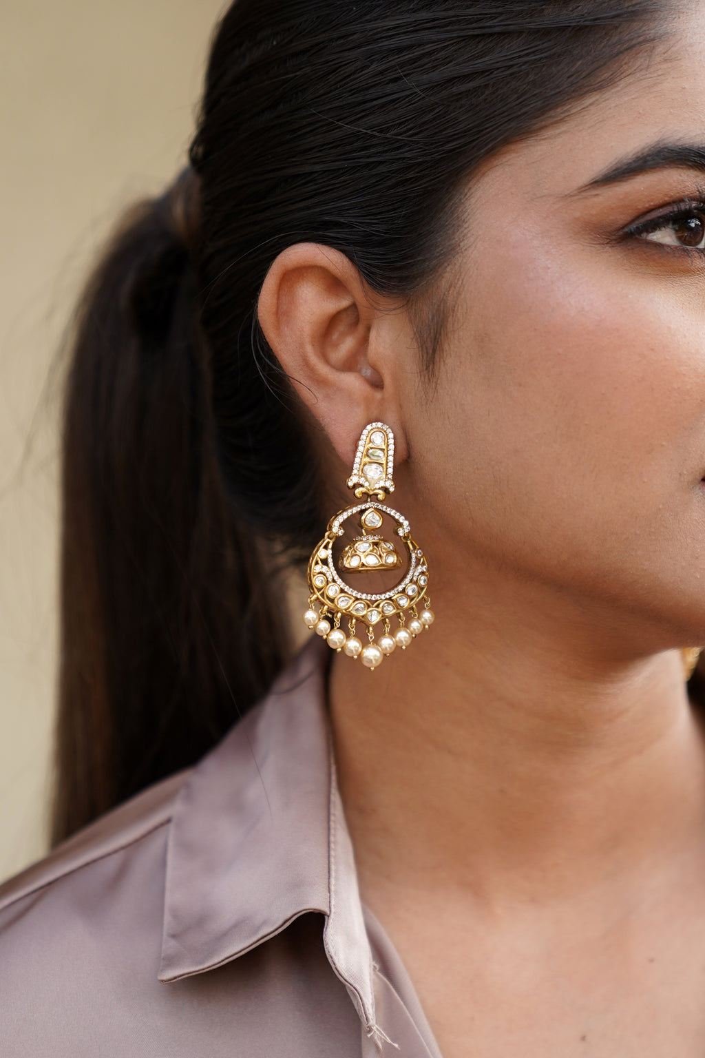 GOLD-PLATED KUNDAN CHANDBALI STYLE EARRINGS